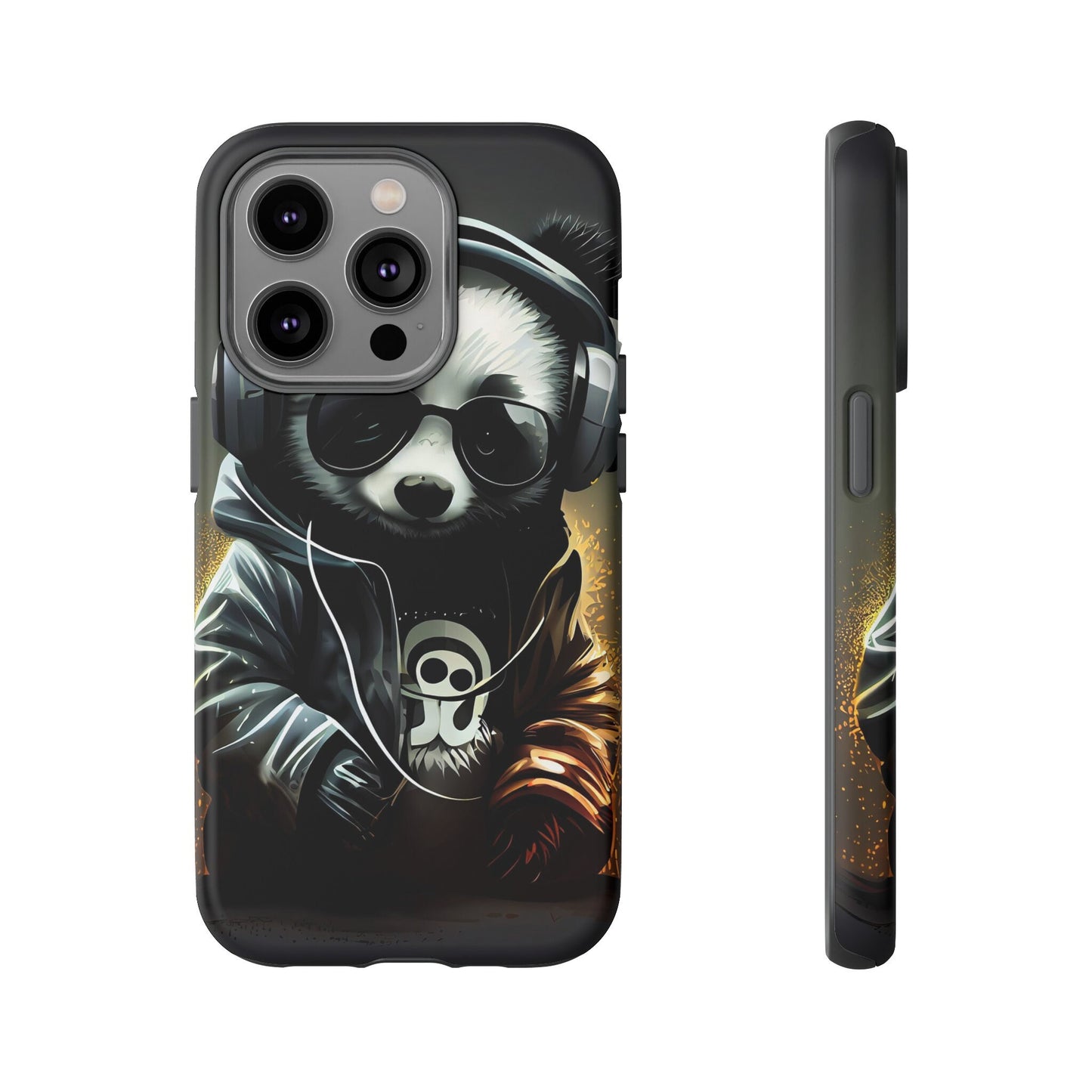 iPhone 14, iPhone 14 Pro, iPhone 14 Plus, iPhone 14 Pro Max Tough Cases Black White Panda With Headphones Audiophile Stereo headset bear