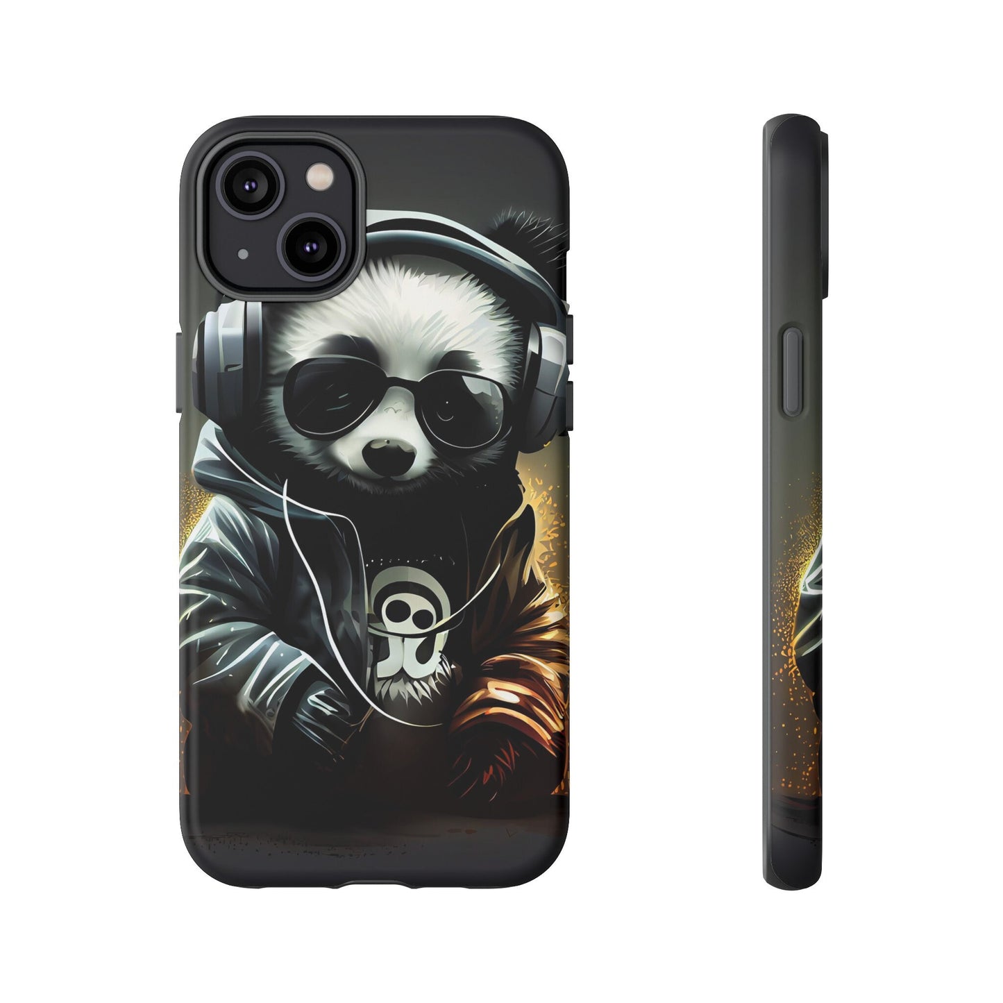 iPhone 14, iPhone 14 Pro, iPhone 14 Plus, iPhone 14 Pro Max Tough Cases Black White Panda With Headphones Audiophile Stereo headset bear