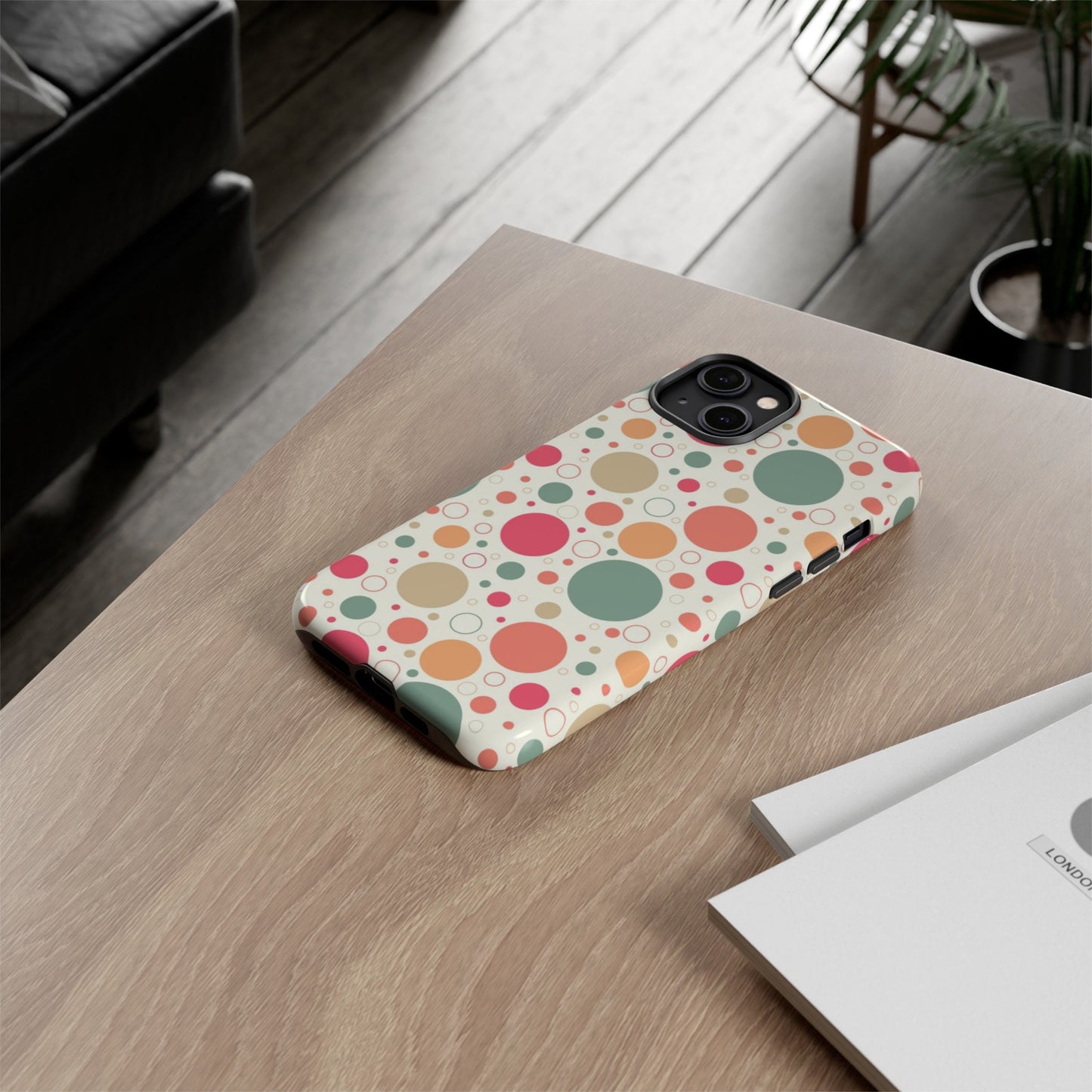 iPhone 14, iPhone 14 Pro, iPhone 14 Plus, iPhone 14 Pro Max Tough Cases Bubbles Coral Green Yellow Circles Round Colors