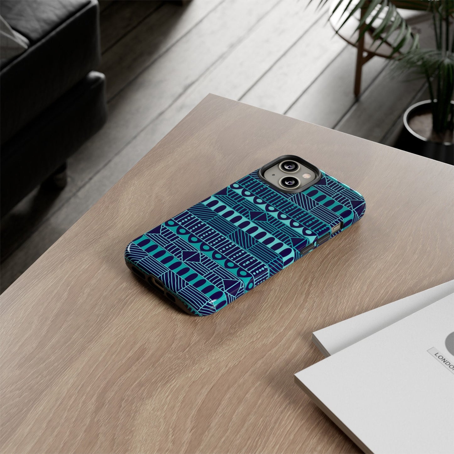 iPhone 14, iPhone 14 Pro, iPhone 14 Plus, iPhone 14 Pro Max Tough Cases Blue Navy Batik African Design Pattern Teal Light Blue