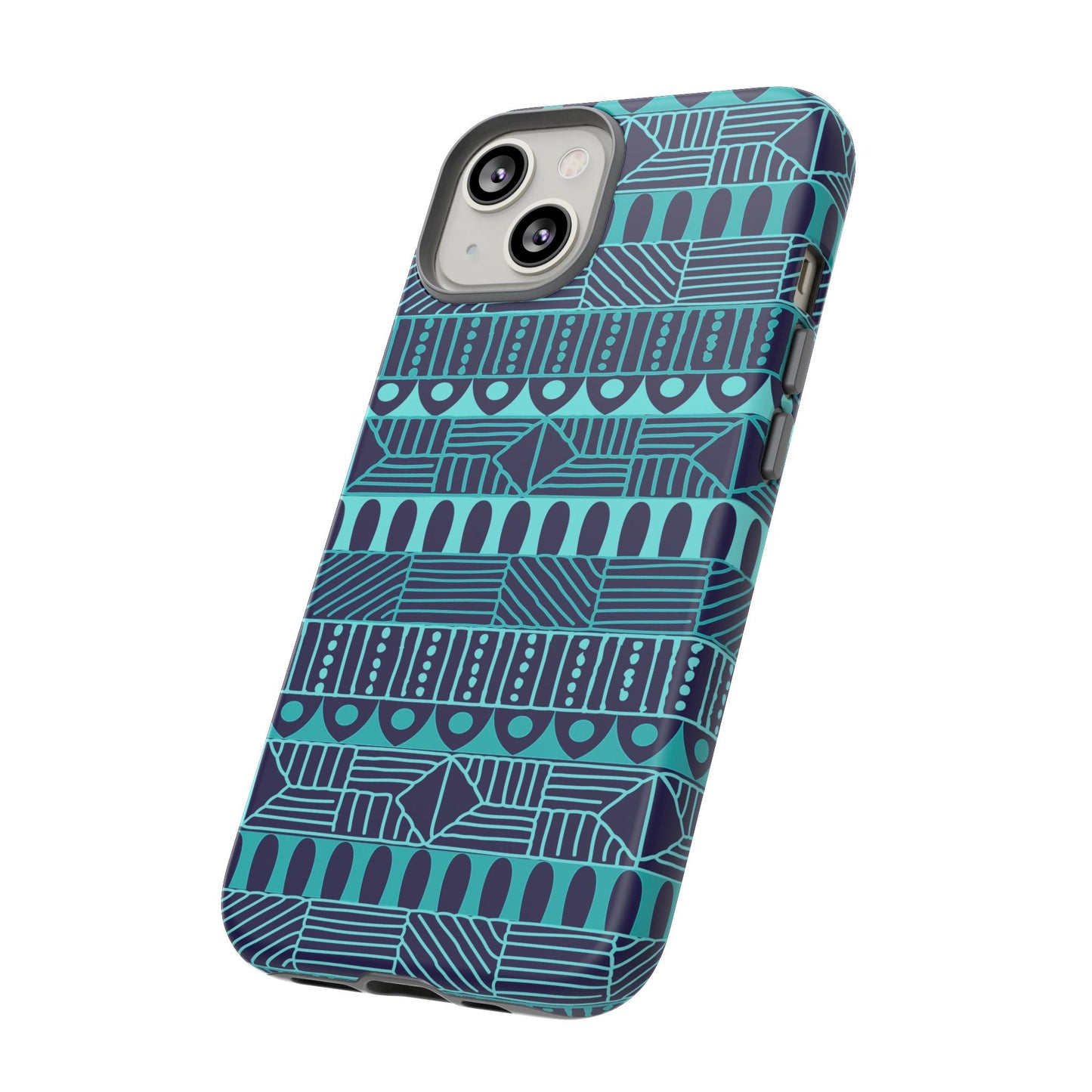 iPhone 14, iPhone 14 Pro, iPhone 14 Plus, iPhone 14 Pro Max Tough Cases Blue Navy Batik African Design Pattern Teal Light Blue