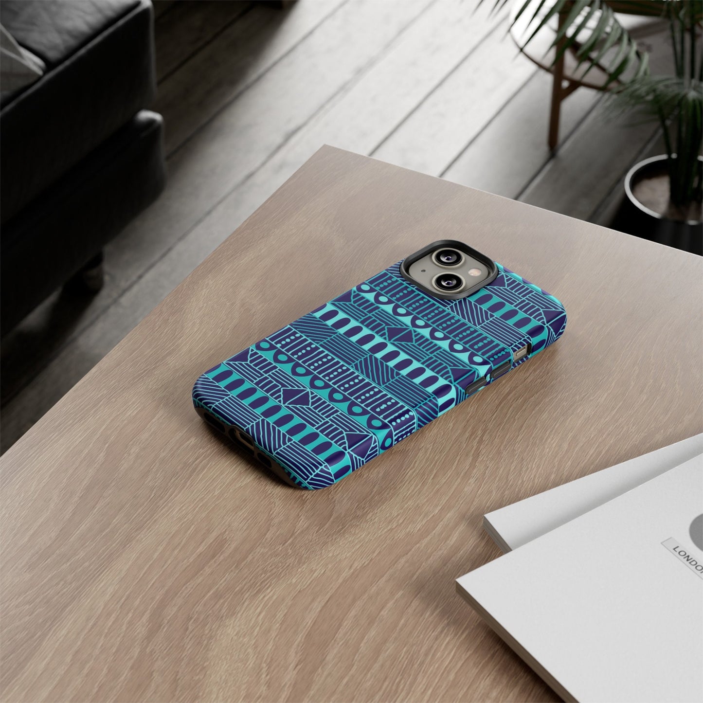 iPhone 14, iPhone 14 Pro, iPhone 14 Plus, iPhone 14 Pro Max Tough Cases Blue Navy Batik African Design Pattern Teal Light Blue