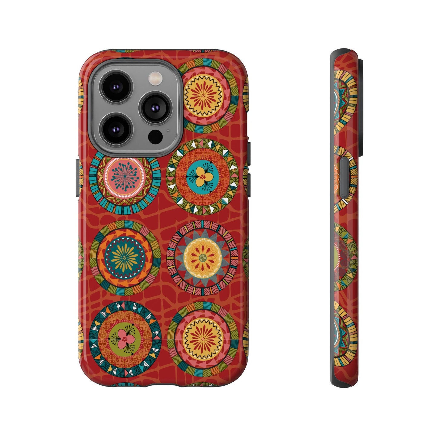 iPhone 14, iPhone 14 Pro, iPhone 14 Plus, iPhone 14 Pro Max Tough Cases Blue Coral Green Yellow Circles Round Colors