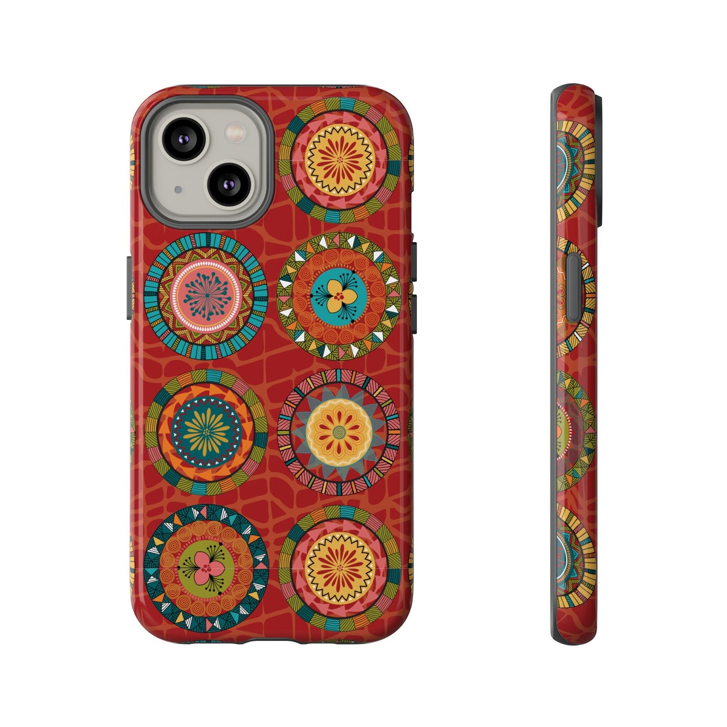 iPhone 14, iPhone 14 Pro, iPhone 14 Plus, iPhone 14 Pro Max Tough Cases Blue Coral Green Yellow Circles Round Colors