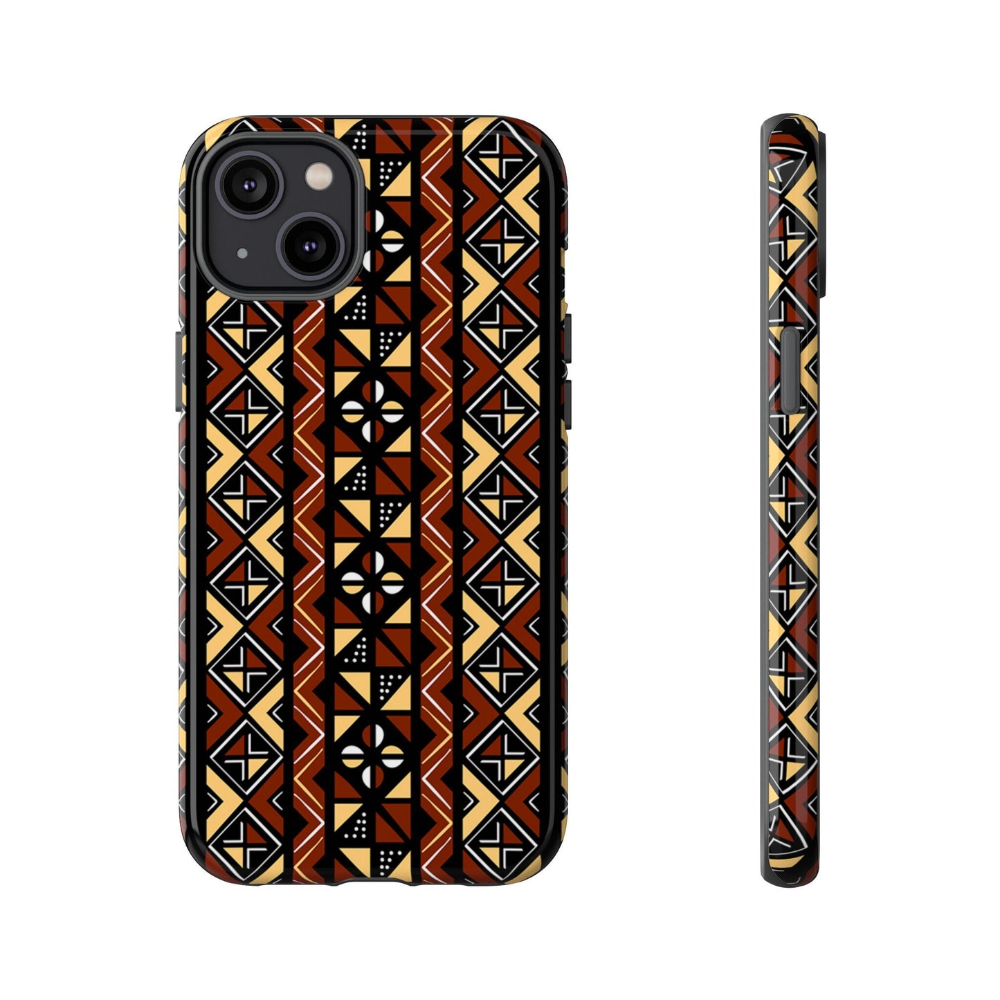 iPhone 14, iPhone 14 Pro, iPhone 14 Plus, iPhone 14 Pro Max Tough Cases Brown Black Yellow African Design Pattern