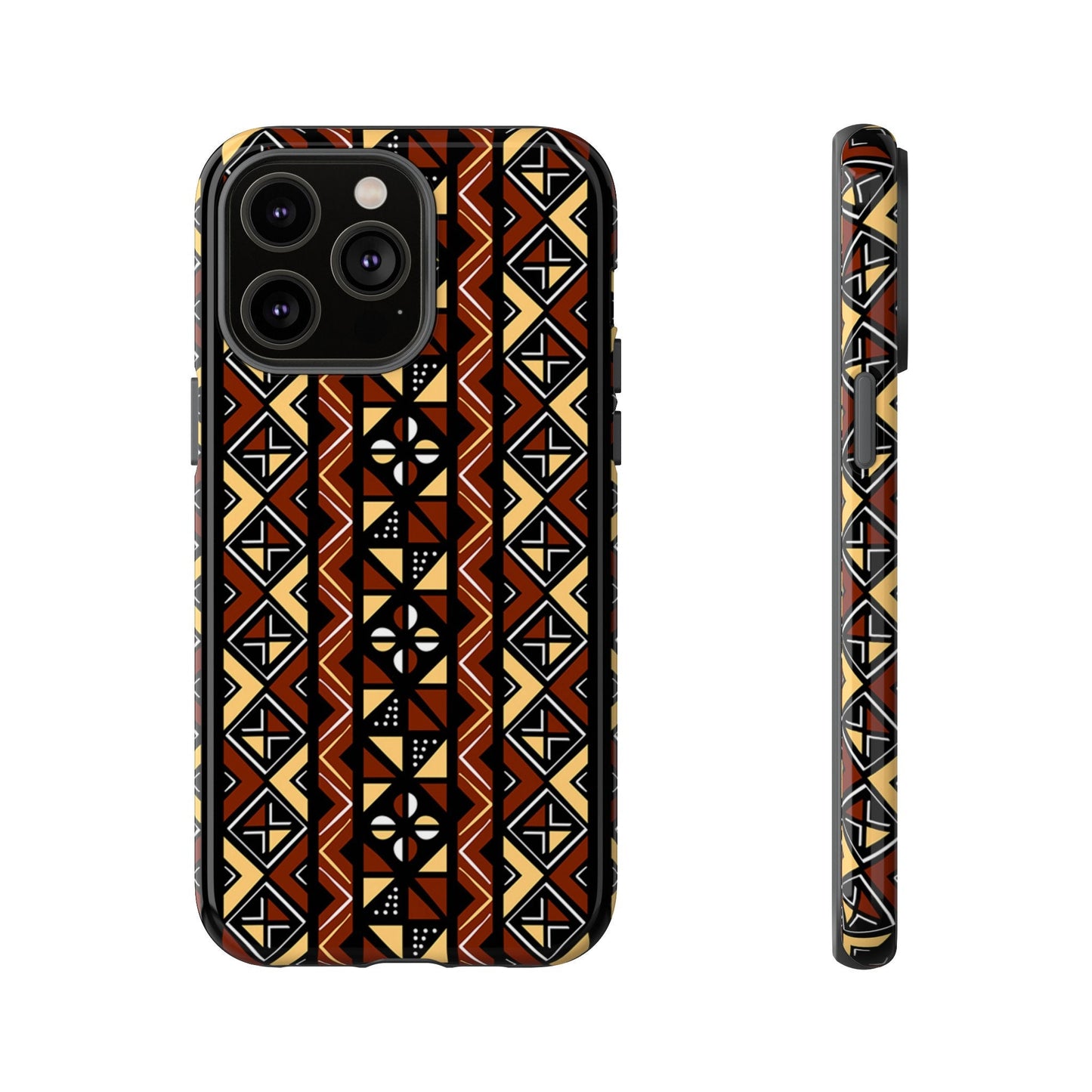 iPhone 14, iPhone 14 Pro, iPhone 14 Plus, iPhone 14 Pro Max Tough Cases Brown Black Yellow African Design Pattern