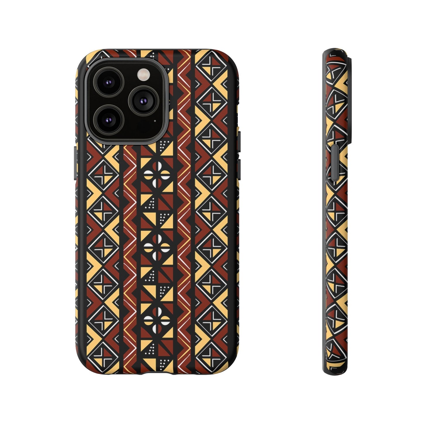 iPhone 14, iPhone 14 Pro, iPhone 14 Plus, iPhone 14 Pro Max Tough Cases Brown Black Yellow African Design Pattern