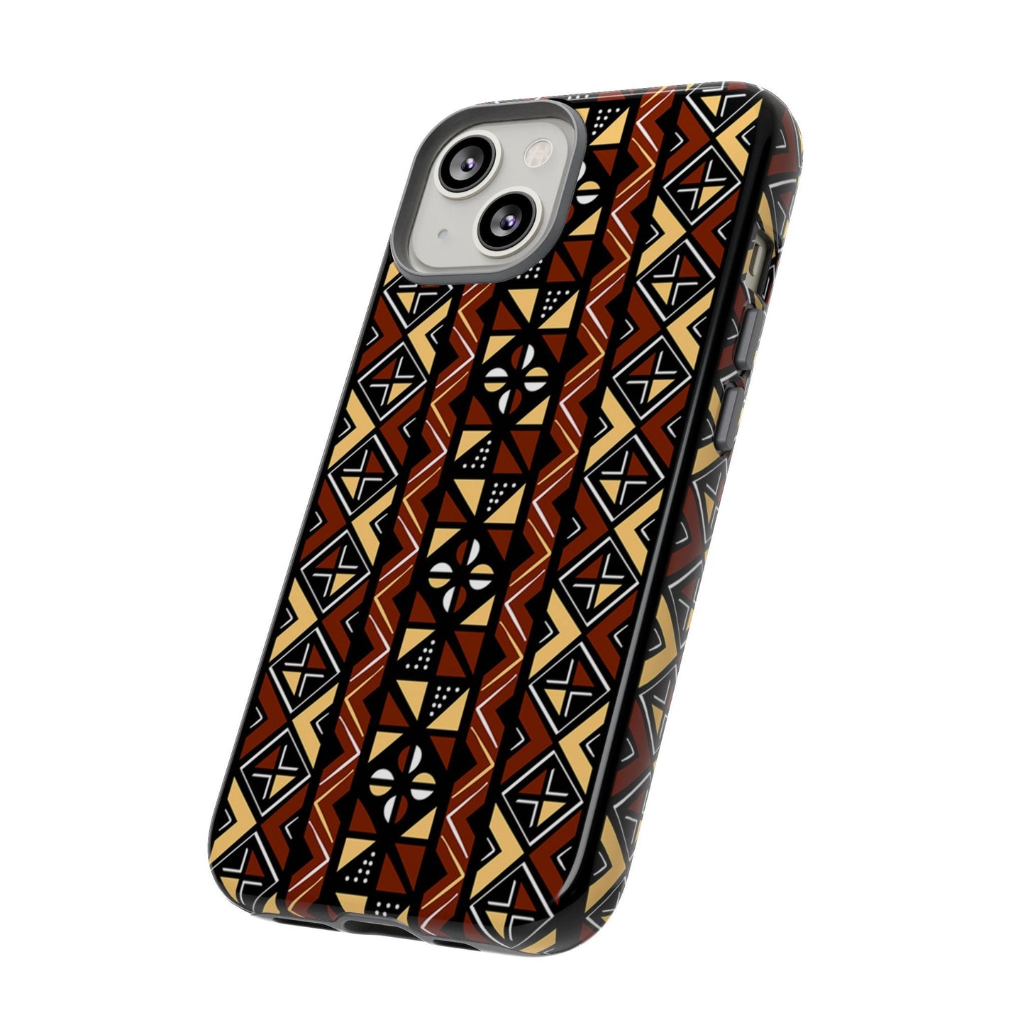 iPhone 14, iPhone 14 Pro, iPhone 14 Plus, iPhone 14 Pro Max Tough Cases Brown Black Yellow African Design Pattern