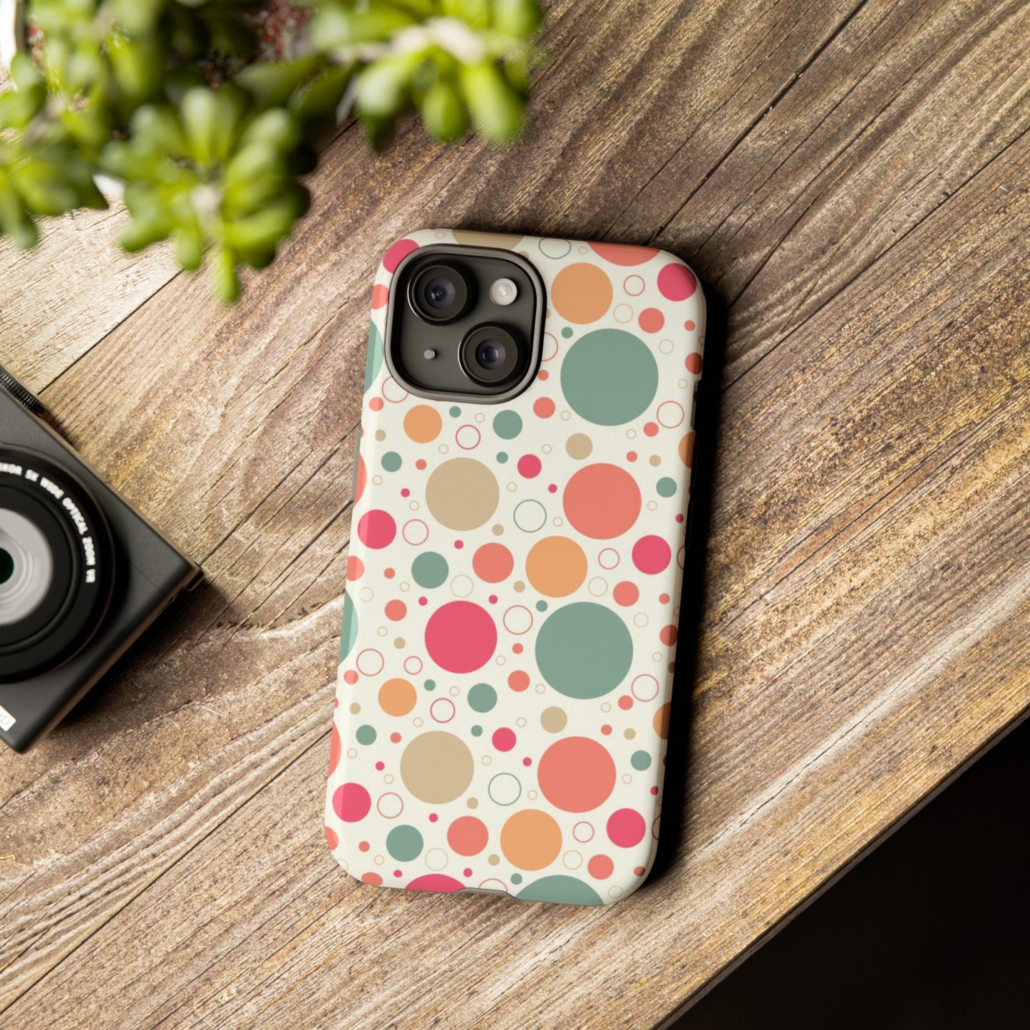 iPhone 15, iPhone 15 Pro, iPhone 15 Plus, iPhone 15 Pro Max Tough Cases Bubbles Coral Green Yellow Circles Round Colors