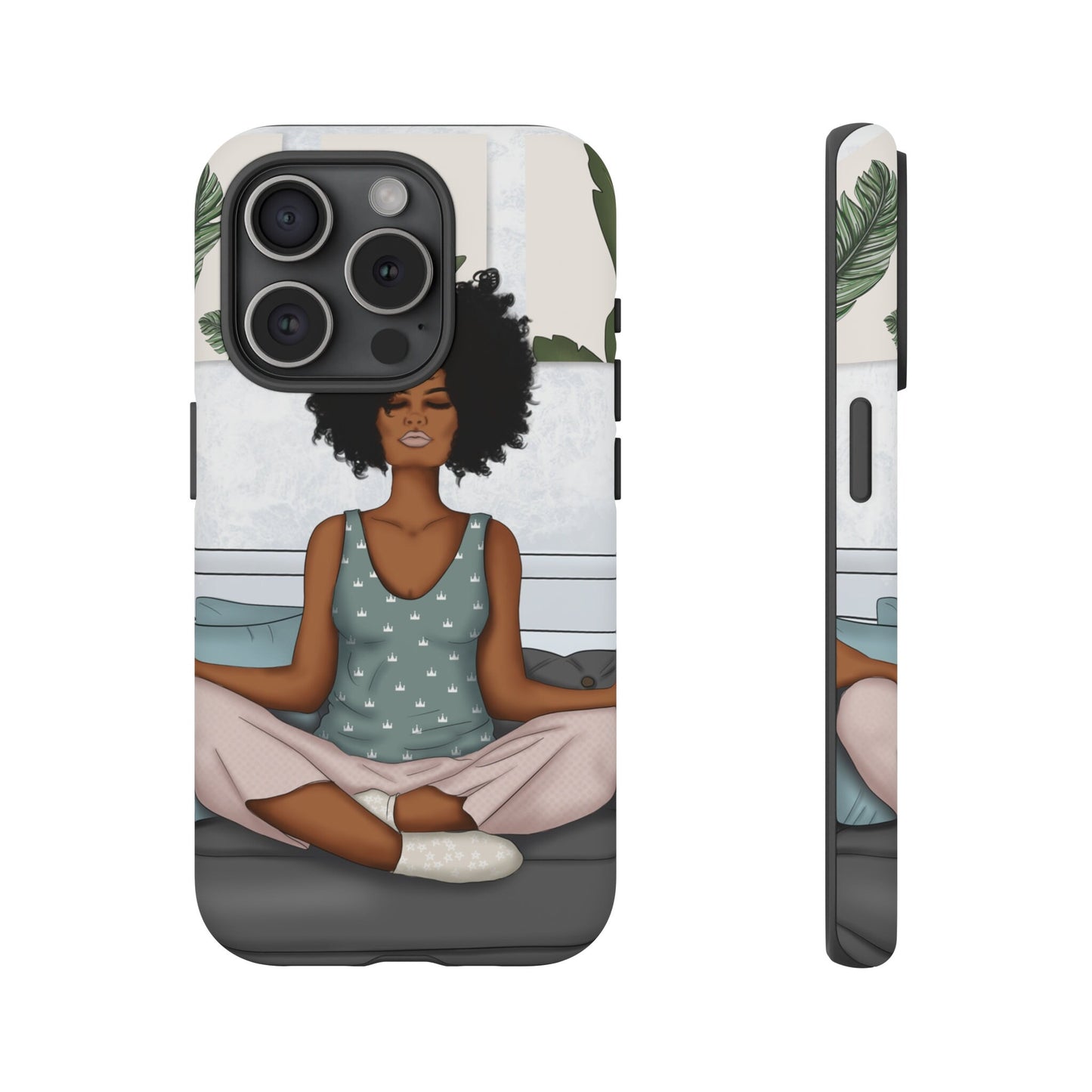 iPhone 15, iPhone 15 Pro, iPhone 15 Plus, iPhone 15 Pro Max Tough Cases African American Woman Black Woman Yoga Namaste Peace Joy