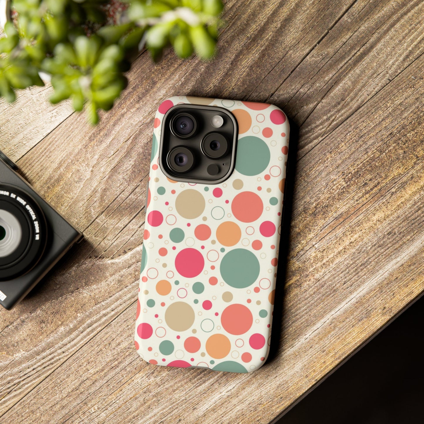 iPhone 15, iPhone 15 Pro, iPhone 15 Plus, iPhone 15 Pro Max Tough Cases Bubbles Coral Green Yellow Circles Round Colors