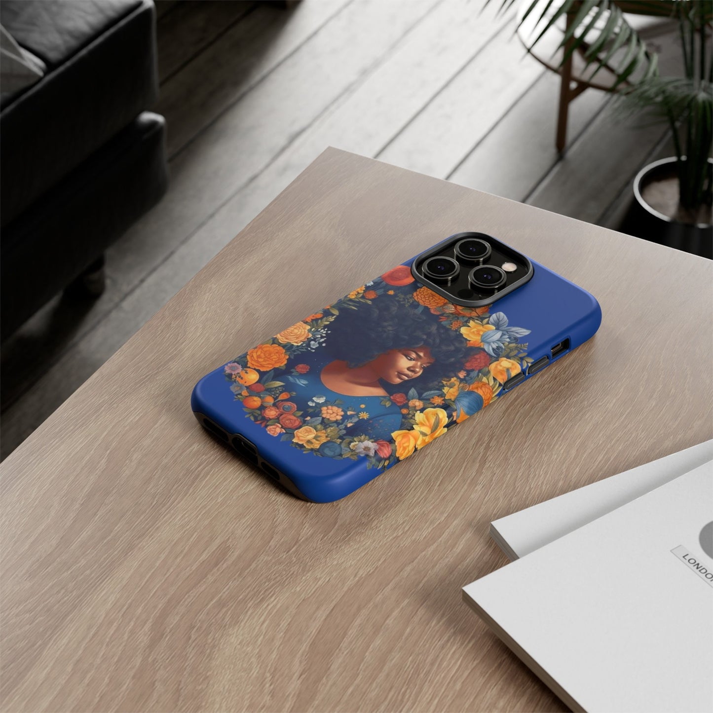 iPhone 14, iPhone 14 Pro, iPhone 14 Plus, iPhone 14 Pro Max Tough Cases African American Black Women in Flower Wreath Blue Green Orange