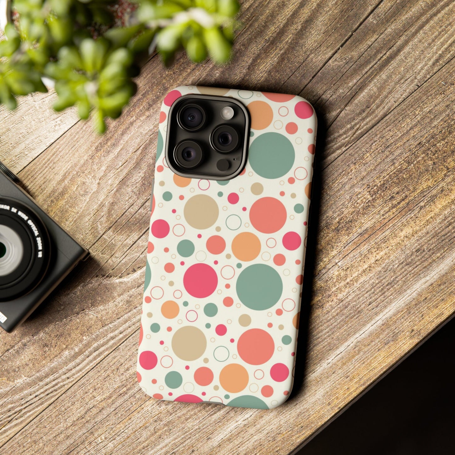 iPhone 15, iPhone 15 Pro, iPhone 15 Plus, iPhone 15 Pro Max Tough Cases Bubbles Coral Green Yellow Circles Round Colors