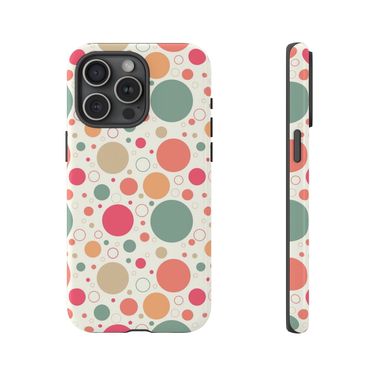 iPhone 15, iPhone 15 Pro, iPhone 15 Plus, iPhone 15 Pro Max Tough Cases Bubbles Coral Green Yellow Circles Round Colors
