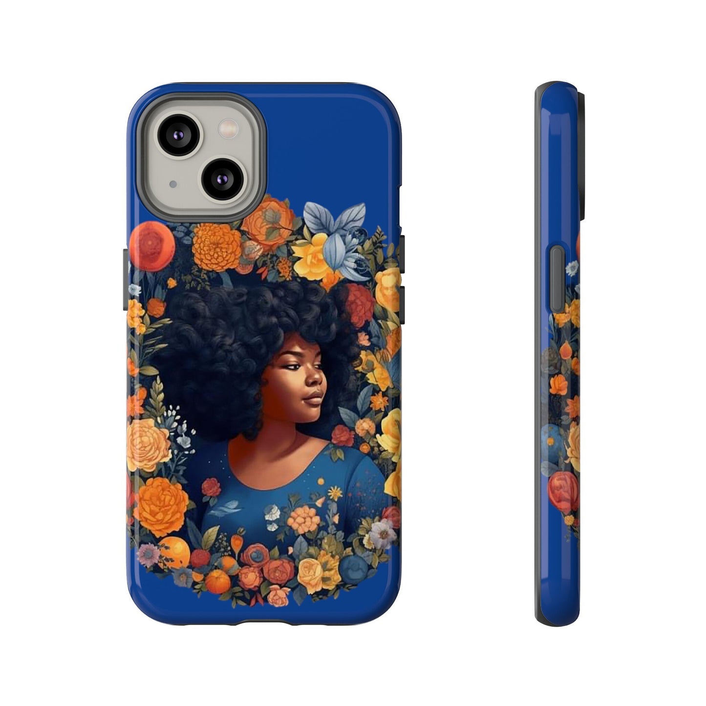 iPhone 14, iPhone 14 Pro, iPhone 14 Plus, iPhone 14 Pro Max Tough Cases African American Black Women in Flower Wreath Blue Green Orange