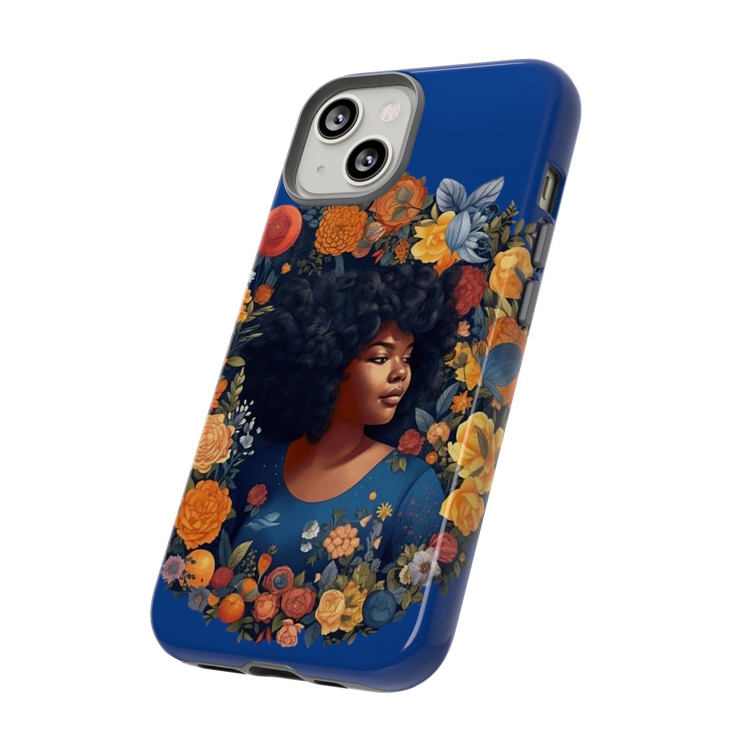 iPhone 14, iPhone 14 Pro, iPhone 14 Plus, iPhone 14 Pro Max Tough Cases African American Black Women in Flower Wreath Blue Green Orange
