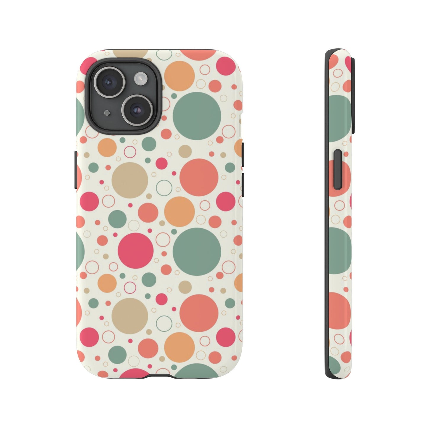 iPhone 15, iPhone 15 Pro, iPhone 15 Plus, iPhone 15 Pro Max Tough Cases Bubbles Coral Green Yellow Circles Round Colors
