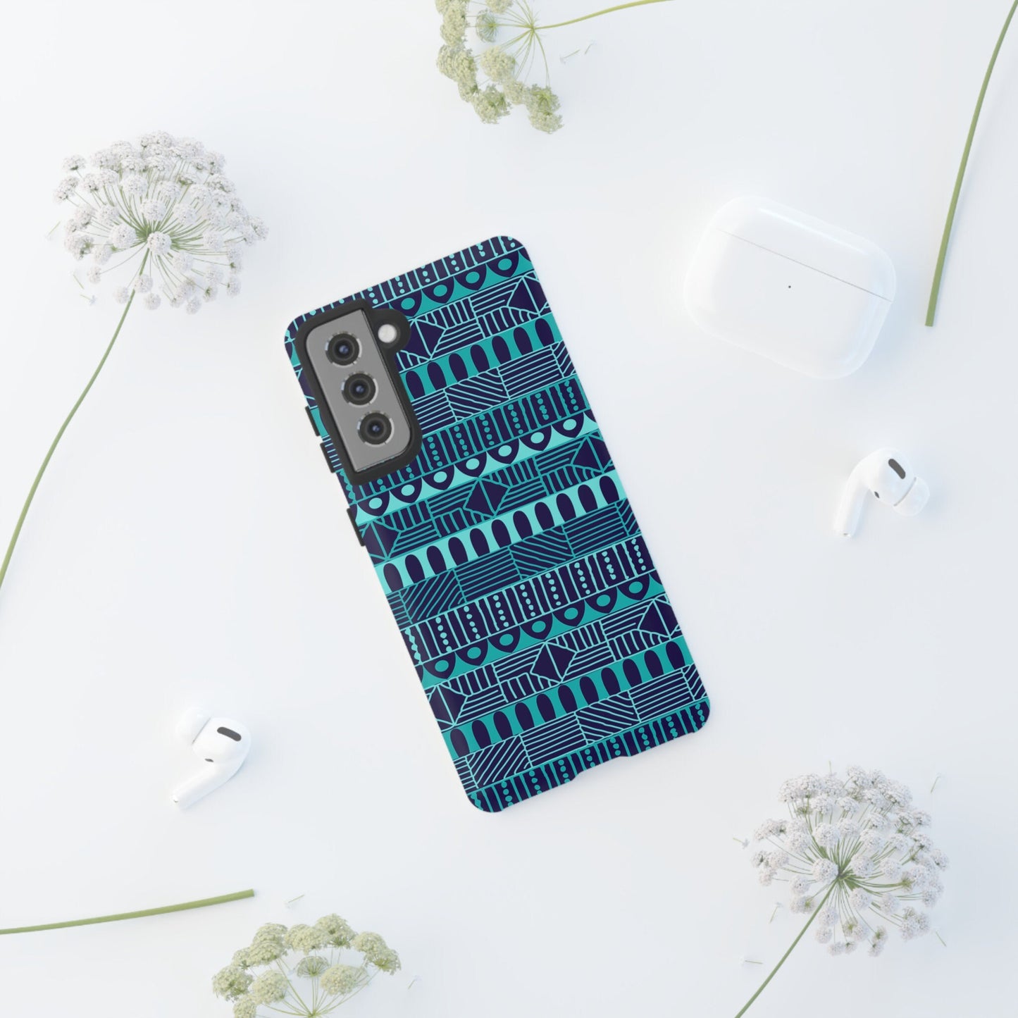 Samsung Galaxy S21 Samsung Galaxy S21 Plus Samsung Galaxy S21 Ultra S21 FE Tough Case Blue Navy Batik African Design Pattern Teal Light Blue