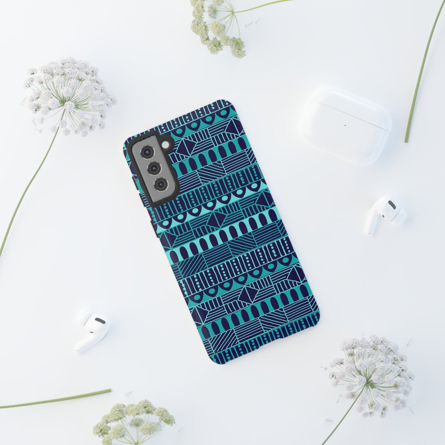 Samsung Galaxy S21 Samsung Galaxy S21 Plus Samsung Galaxy S21 Ultra S21 FE Tough Case Blue Navy Batik African Design Pattern Teal Light Blue