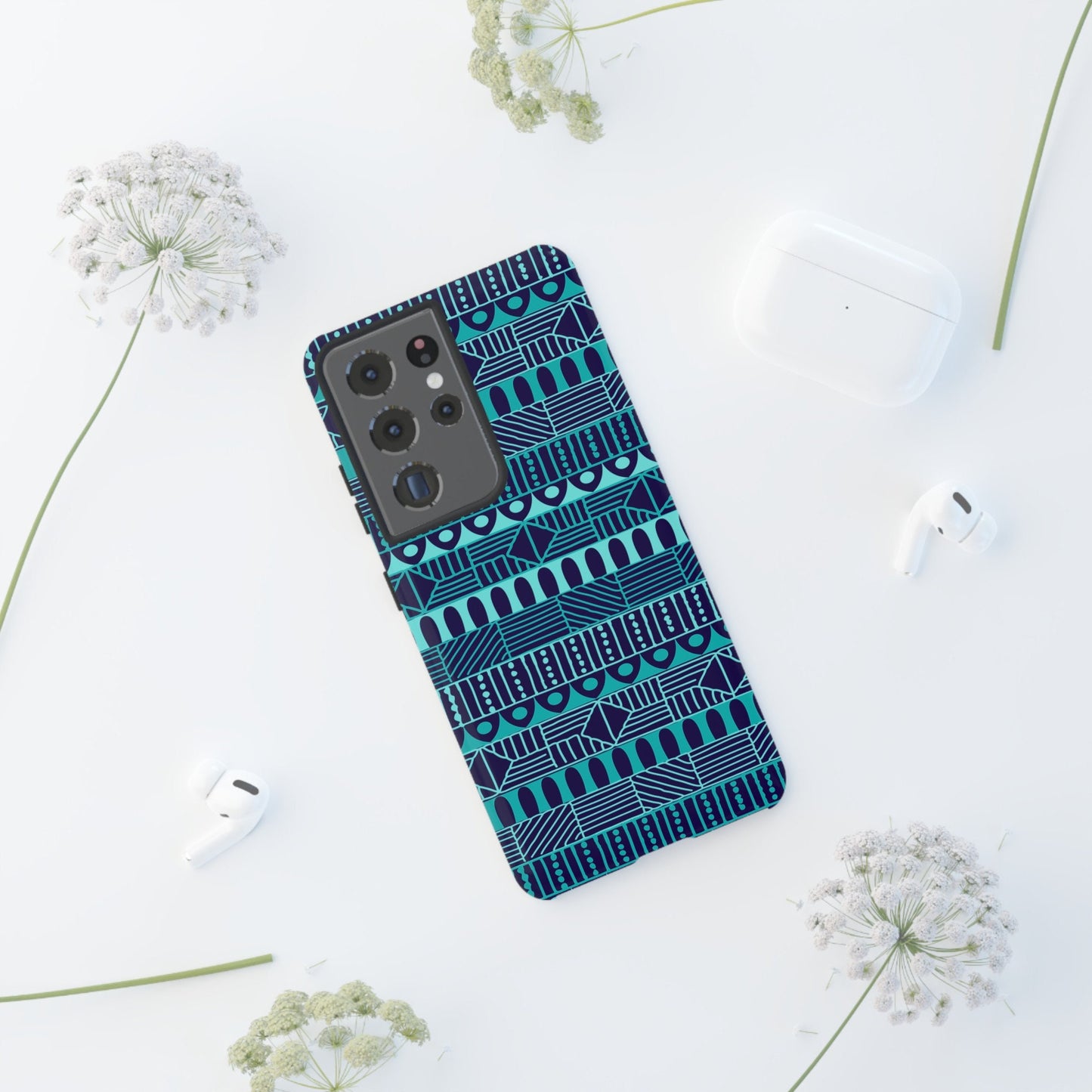 Samsung Galaxy S21 Samsung Galaxy S21 Plus Samsung Galaxy S21 Ultra S21 FE Tough Case Blue Navy Batik African Design Pattern Teal Light Blue