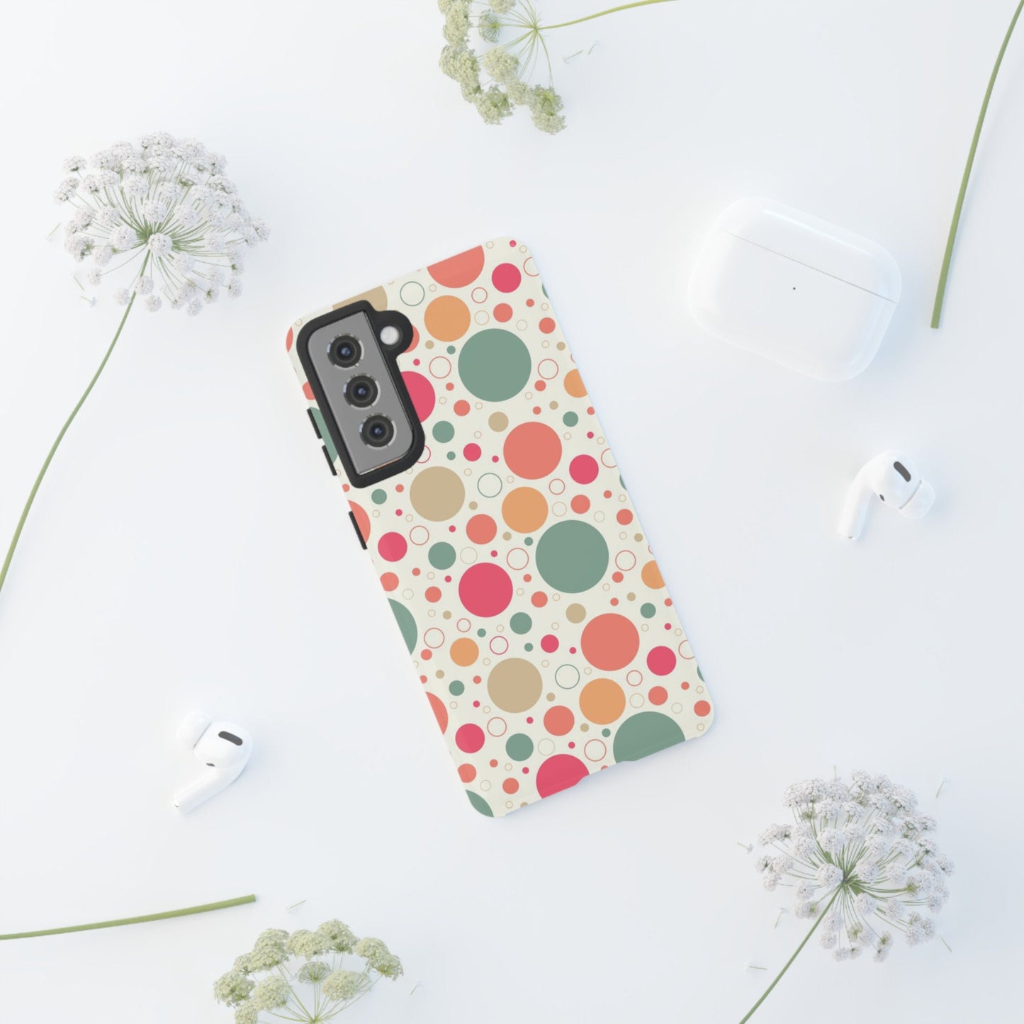 Samsung Galaxy S21 Samsung Galaxy S21 Plus Samsung Galaxy S21 Ultra S21 FE Tough Cases Bubbles Coral Green Yellow Circles Round Colors