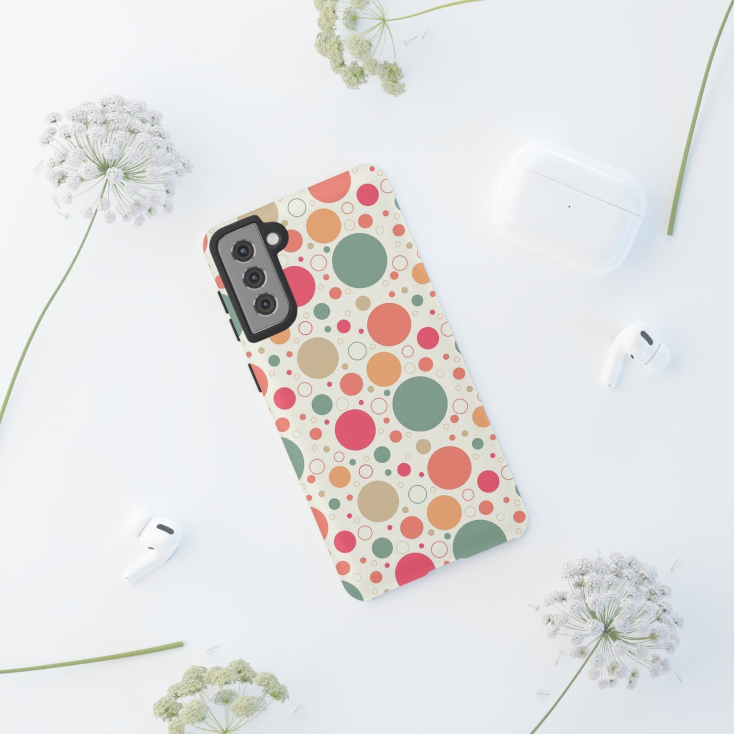 Samsung Galaxy S21 Samsung Galaxy S21 Plus Samsung Galaxy S21 Ultra S21 FE Tough Cases Bubbles Coral Green Yellow Circles Round Colors