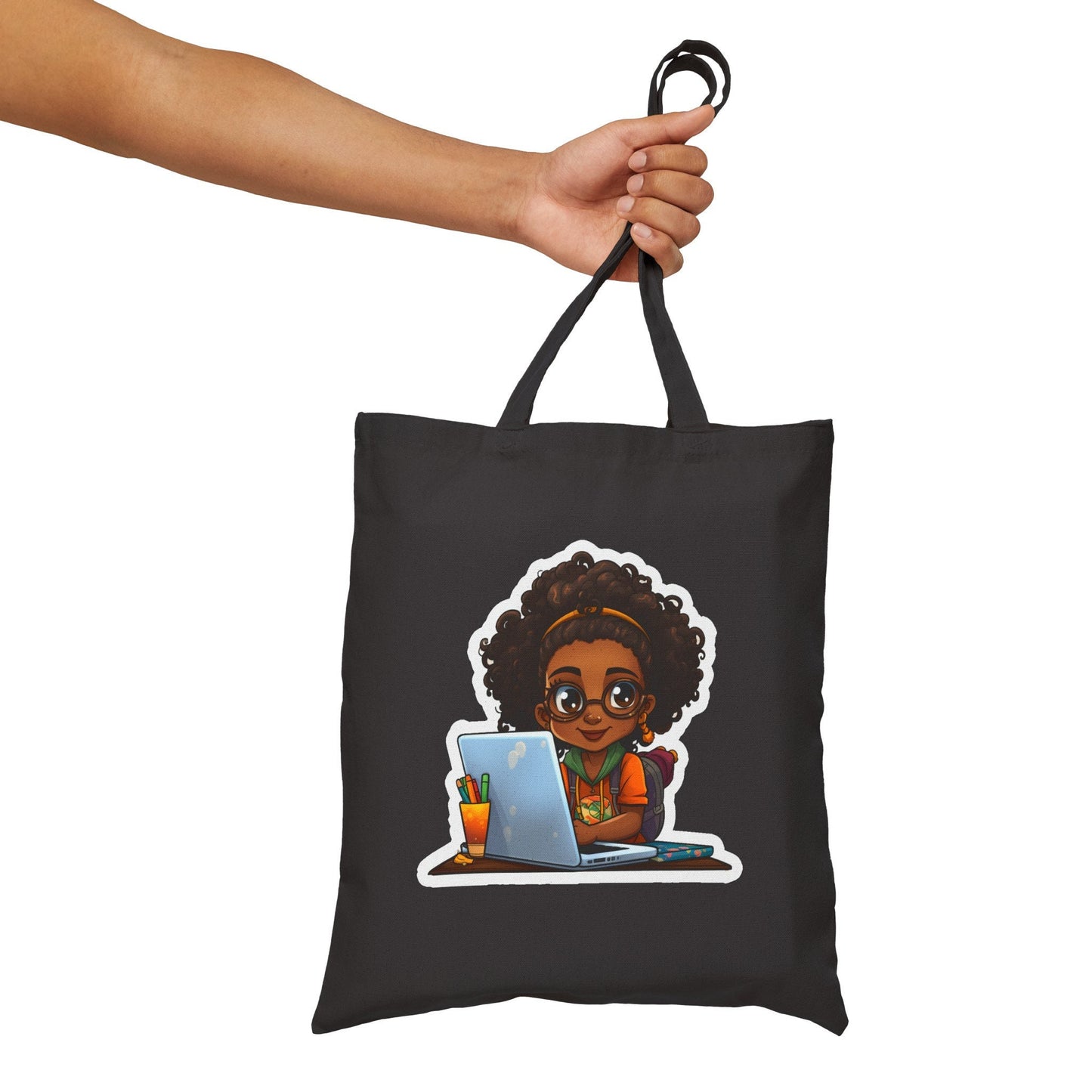 Chibi Style African American Girl Black Student Female Student at Her Desk with Her Laptop Cotton Canvas Tote Bag