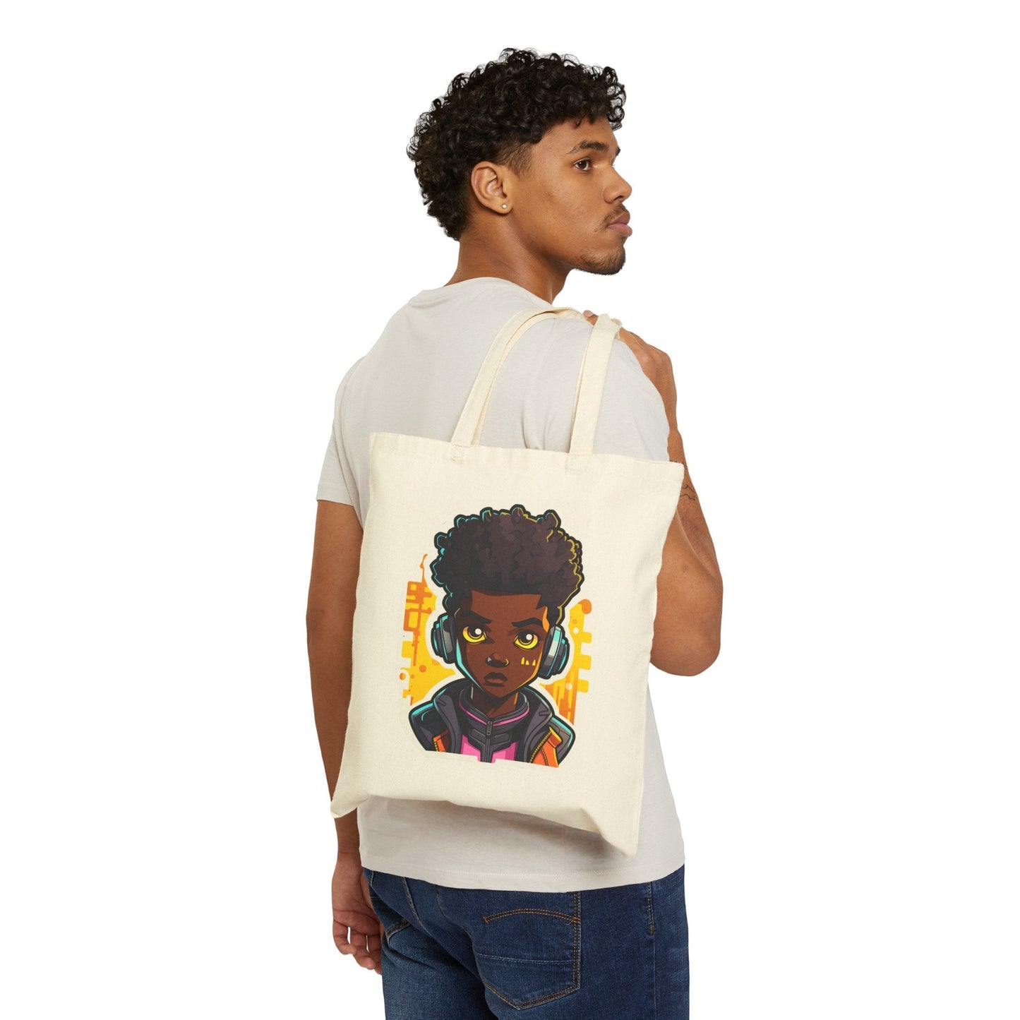 Kawaii Anime Style African American (Black) Young Man (Boy) in Yellow or Golden Background Cotton Canvas Tote Bag