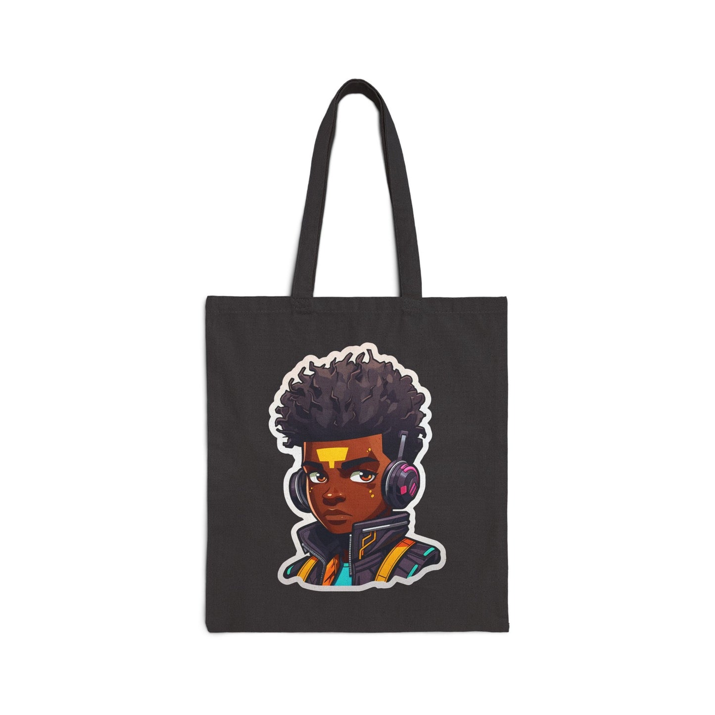 Kawaii Anime Style African American Black Young Man Boy WIth Headphones and Jacket Cotton Canvas Tote Bag