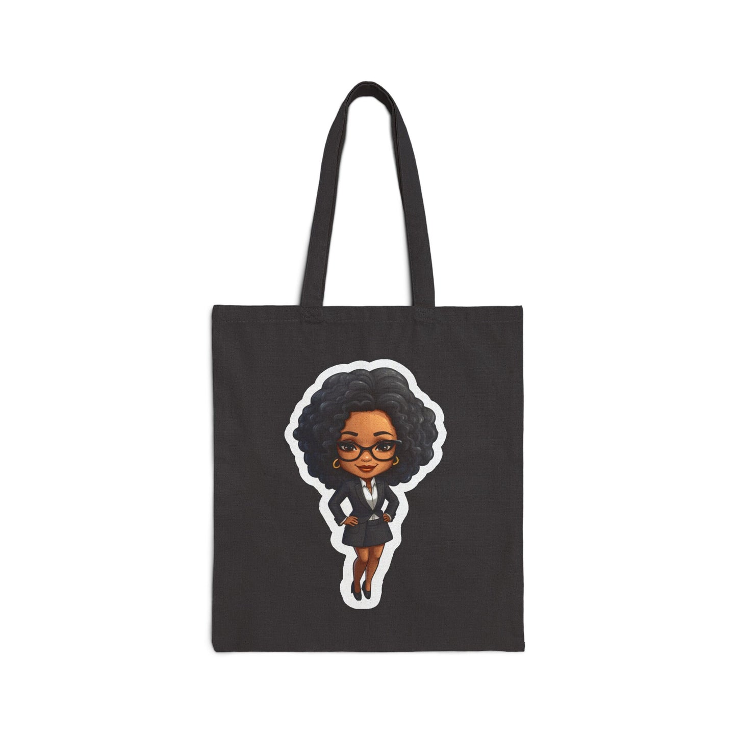 Chibi Style African American Business Woman (Boss Babe) in Black Suit with Skirt Cotton Canvas Tote Bag