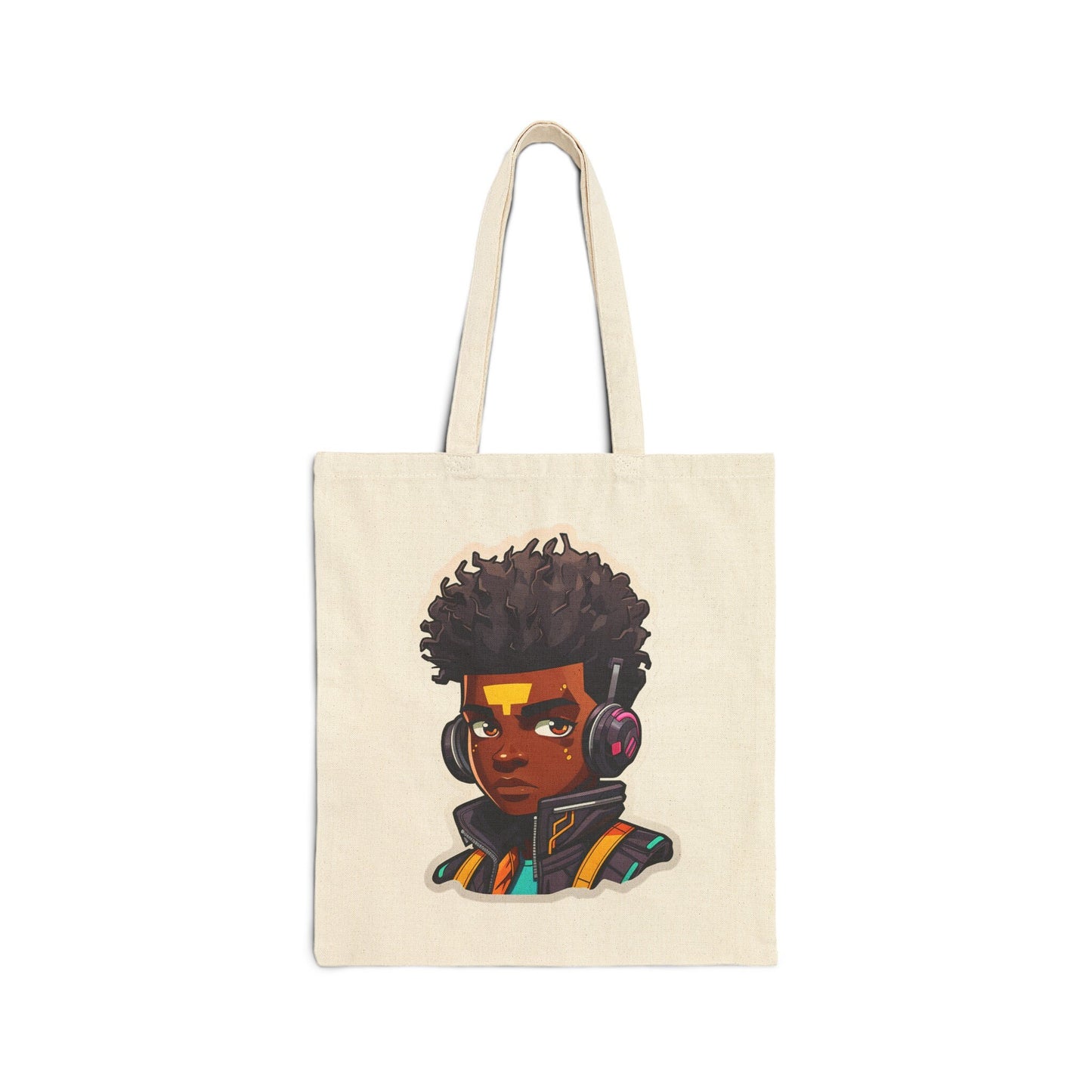 Kawaii Anime Style African American Black Young Man Boy WIth Headphones and Jacket Cotton Canvas Tote Bag