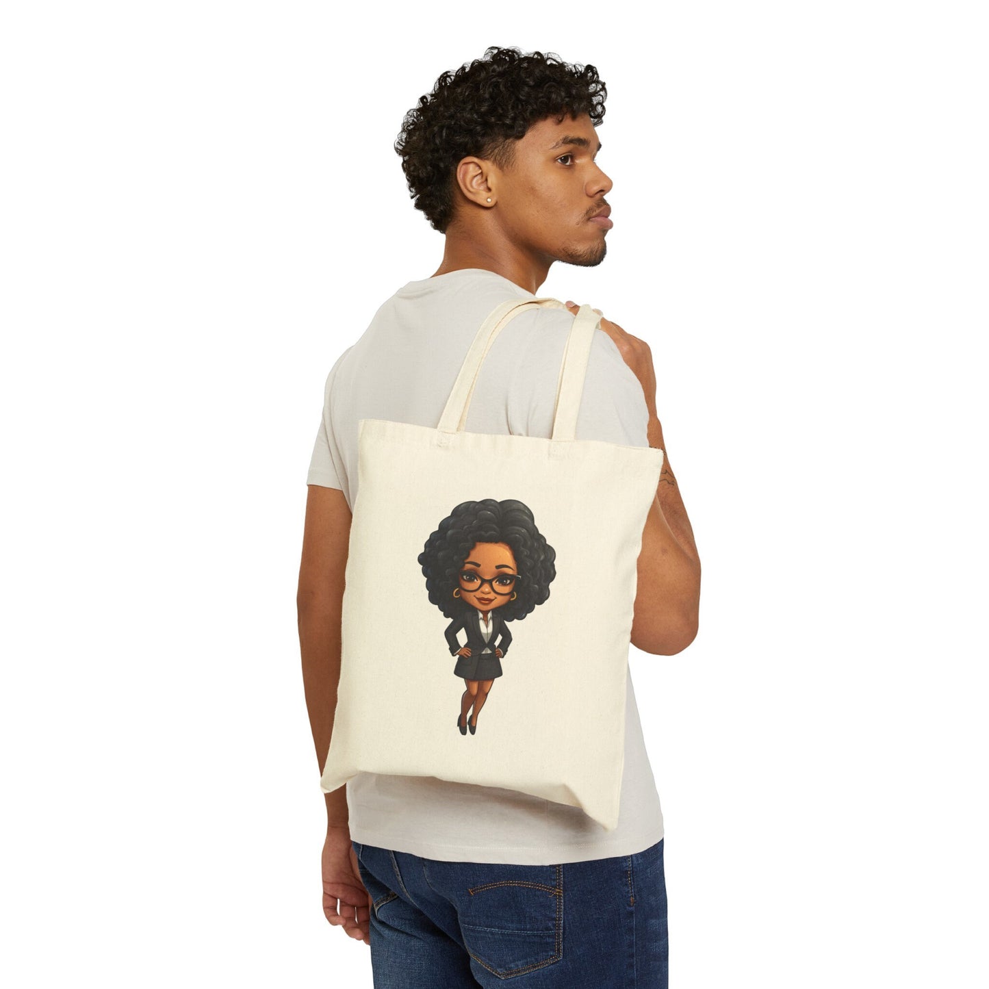 Chibi Style African American Business Woman (Boss Babe) in Black Suit with Skirt Cotton Canvas Tote Bag
