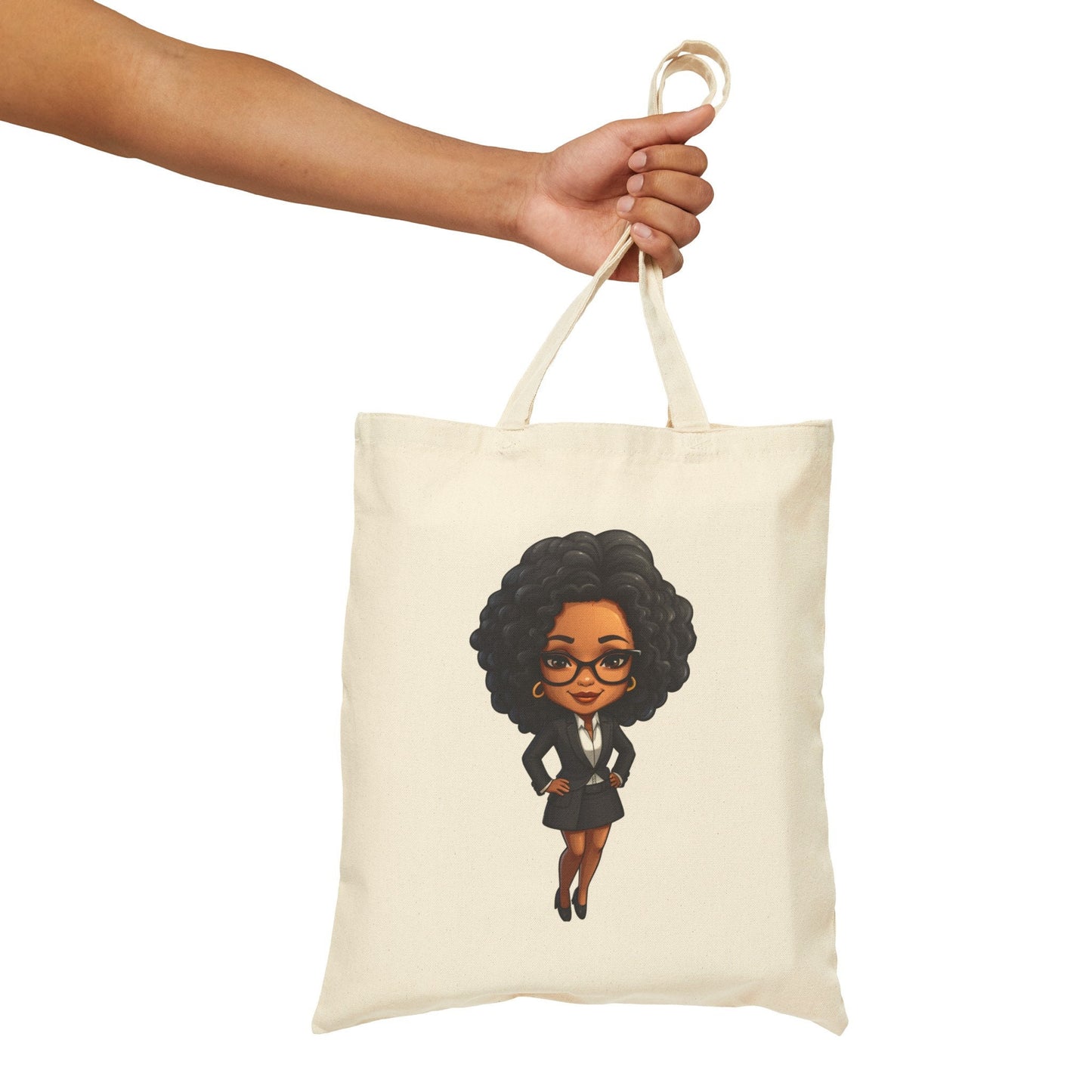 Chibi Style African American Business Woman (Boss Babe) in Black Suit with Skirt Cotton Canvas Tote Bag