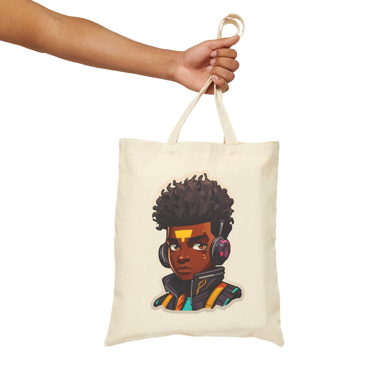 Kawaii Anime Style African American Black Young Man Boy WIth Headphones and Jacket Cotton Canvas Tote Bag