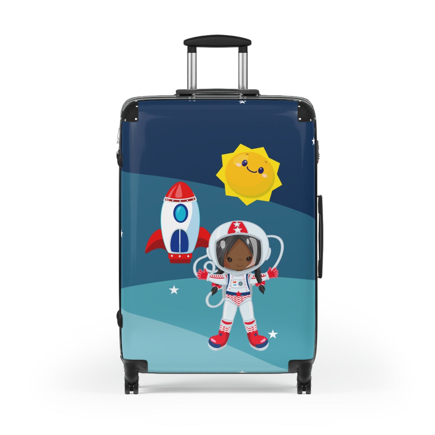 African American Girl Black Astronaut Vacation Bag Travel Rolling Luggage Woman Suitcase
