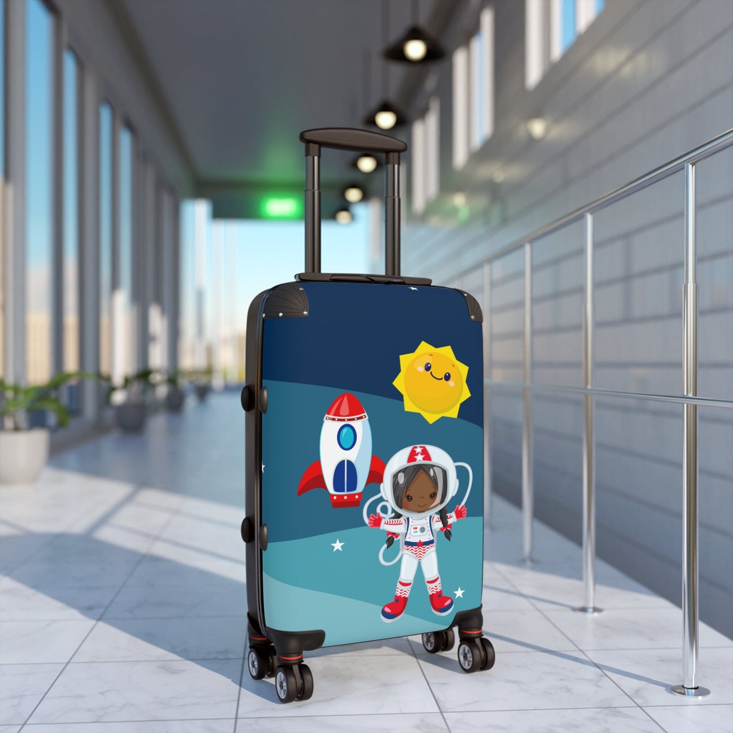 African American Girl Black Astronaut Vacation Bag Travel Rolling Luggage Woman Suitcase