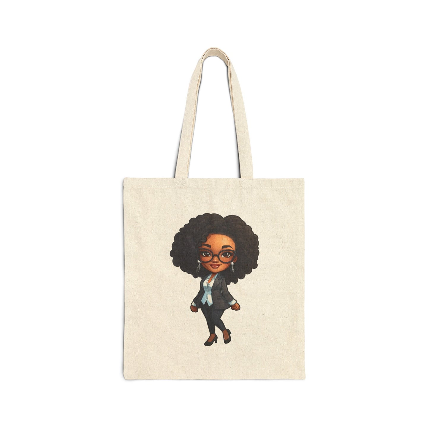 Chibi Style African American Business Woman (Boss Babe) in Black Suit with Skirt Cotton Canvas Tote Bag