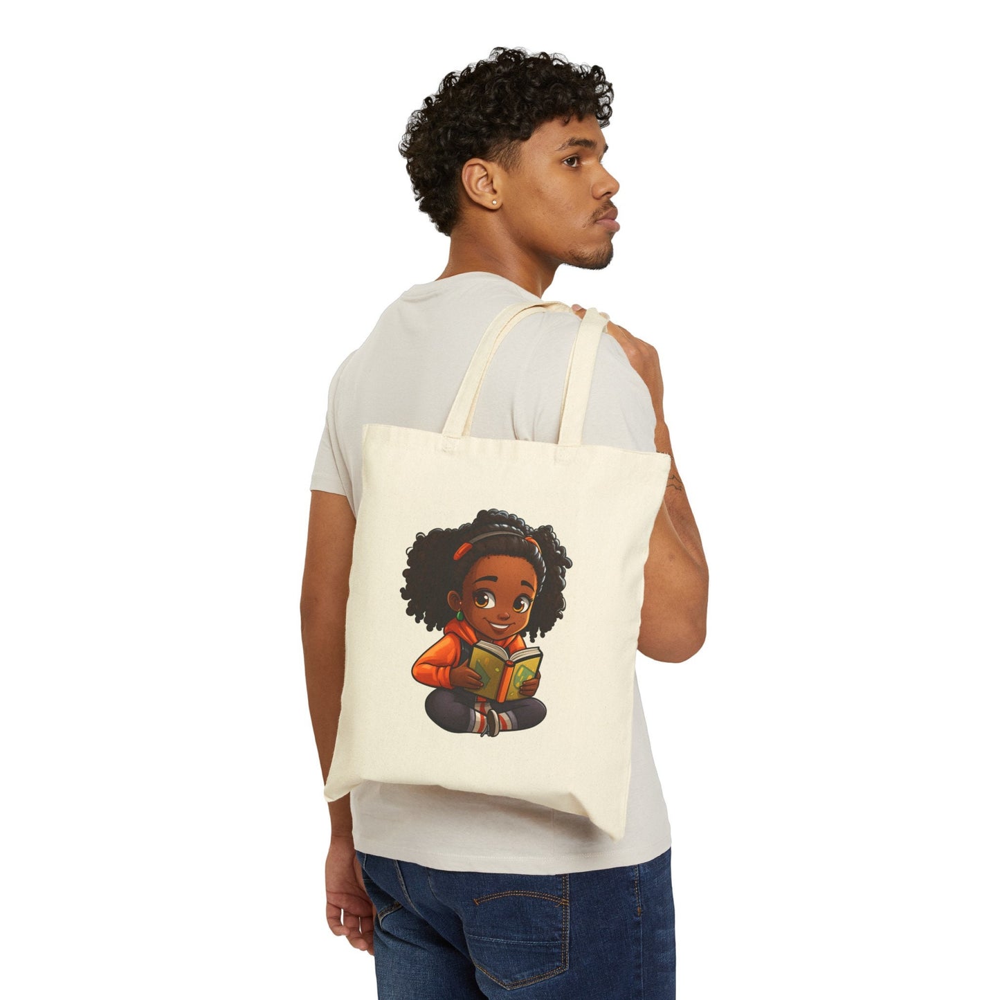 Chibi African American (Black) Book Dragon Power Reader Book lover Bookaholic Book Nerd Book Worm Cotton Canvas Tote Bag