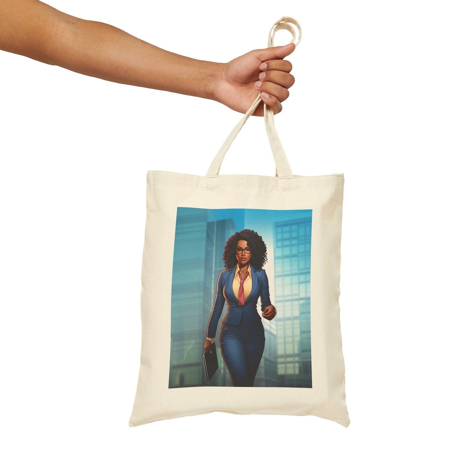 African American Business Women Superhero in Blue Environment Cotton Canvas Tote Bag