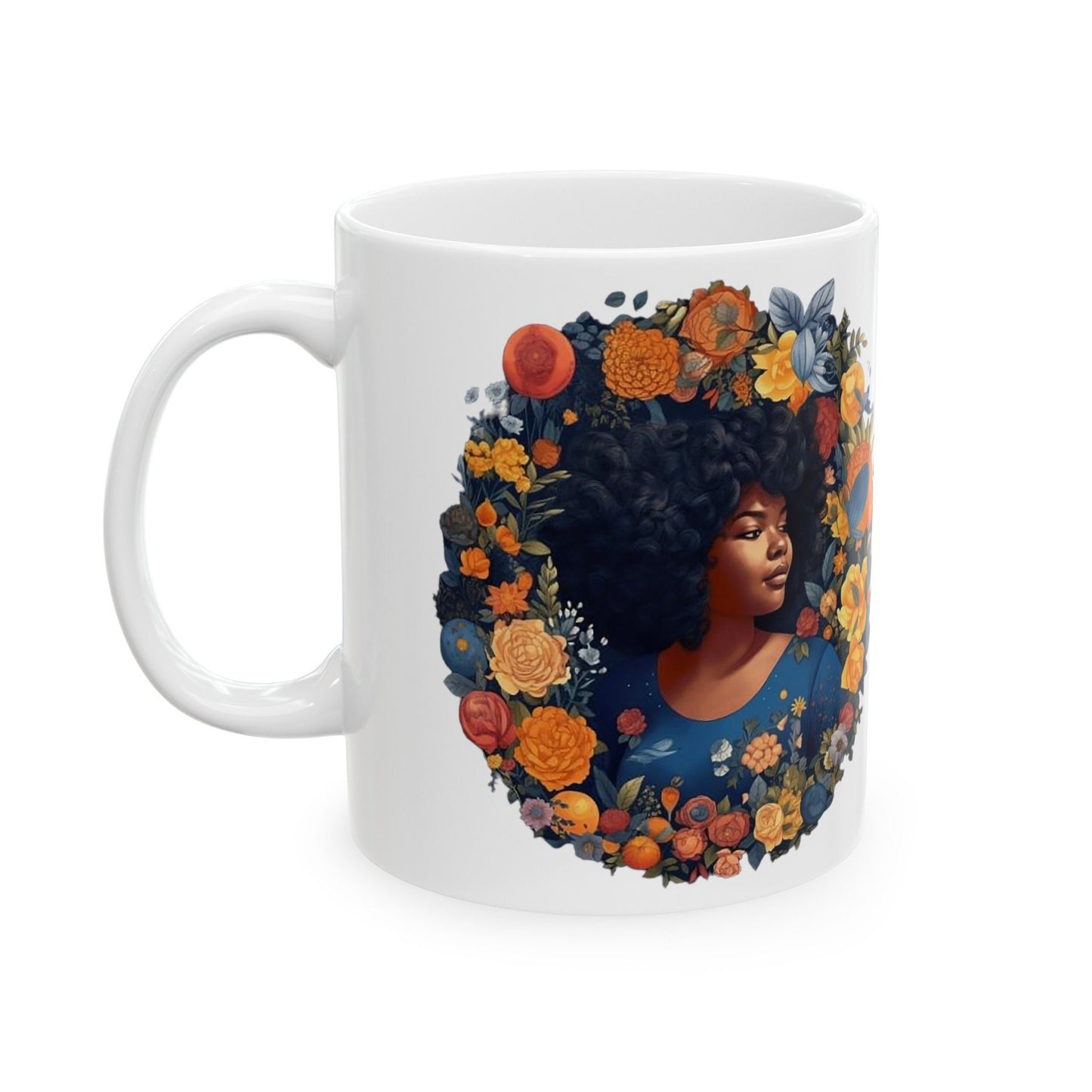 African American Woman in Blue Wreath with Red Yellow Orange Flowers Ceramic Mug, 11oz Mom Gift