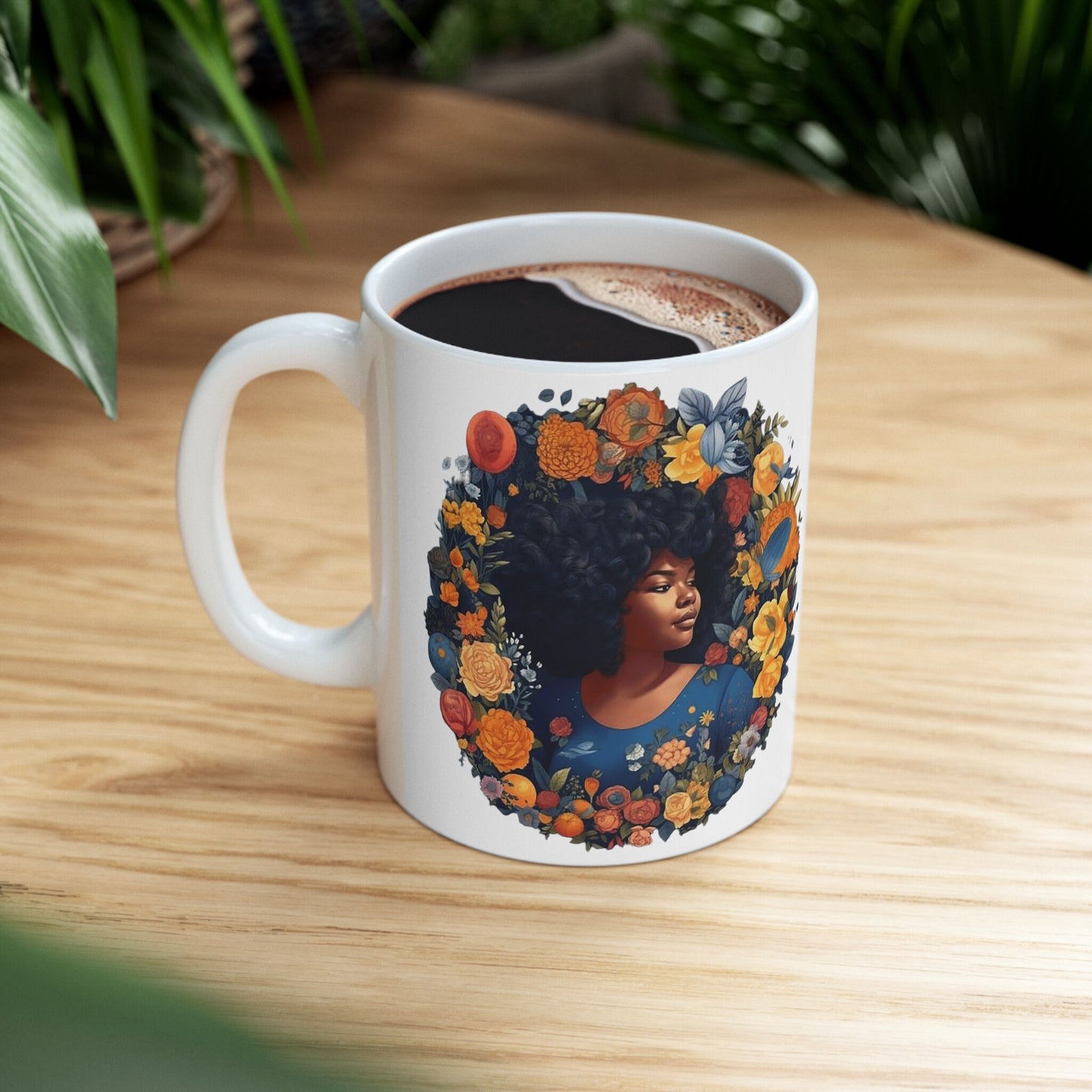 African American Woman in Blue Wreath with Red Yellow Orange Flowers Ceramic Mug, 11oz Mom Gift