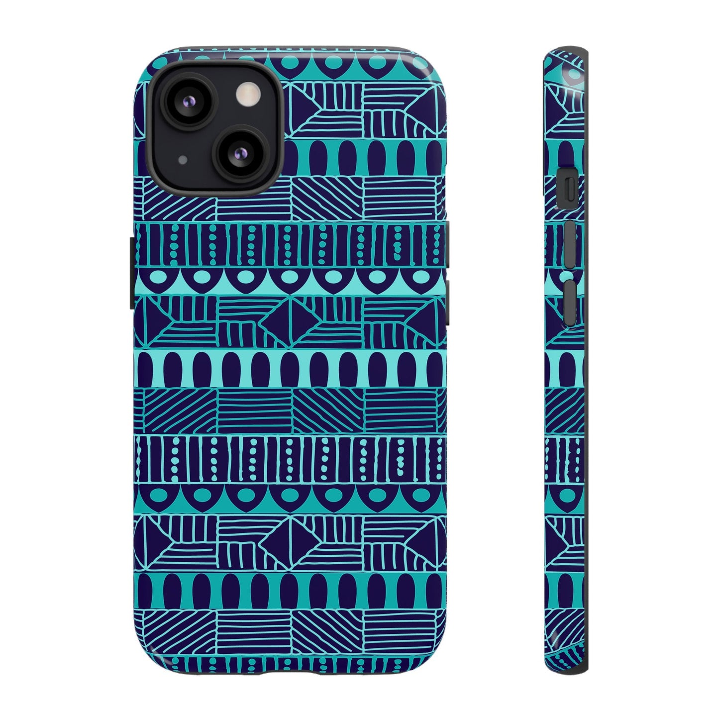 iPhone 13, iPhone 13 Pro, iPhone 13 Mini, iPhone 13 Pro Max Tough Cases Blue Navy Batik African Design Pattern Teal Light Blue