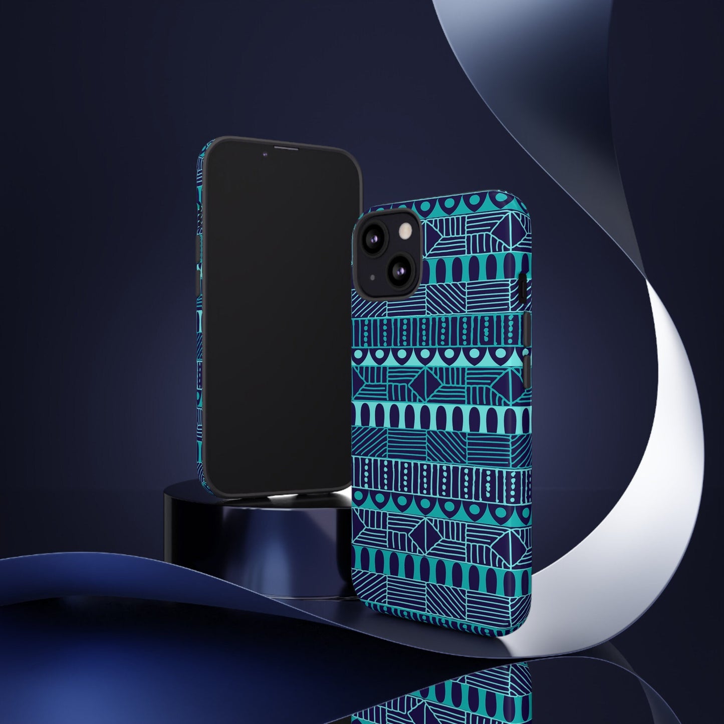 iPhone 13, iPhone 13 Pro, iPhone 13 Mini, iPhone 13 Pro Max Tough Cases Blue Navy Batik African Design Pattern Teal Light Blue