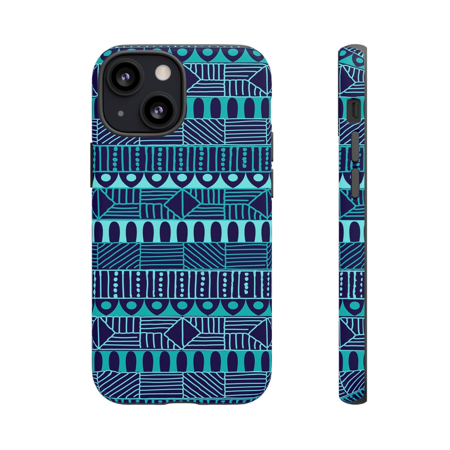 iPhone 13, iPhone 13 Pro, iPhone 13 Mini, iPhone 13 Pro Max Tough Cases Blue Navy Batik African Design Pattern Teal Light Blue