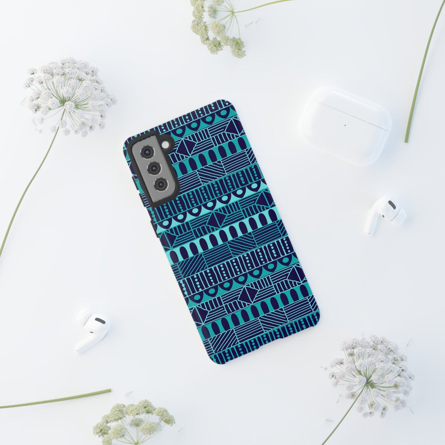 Samsung Galaxy S21 Samsung Galaxy S21 Plus Samsung Galaxy S21 Ultra S21 FE Tough Case Blue Navy Batik African Design Pattern Teal Light Blue