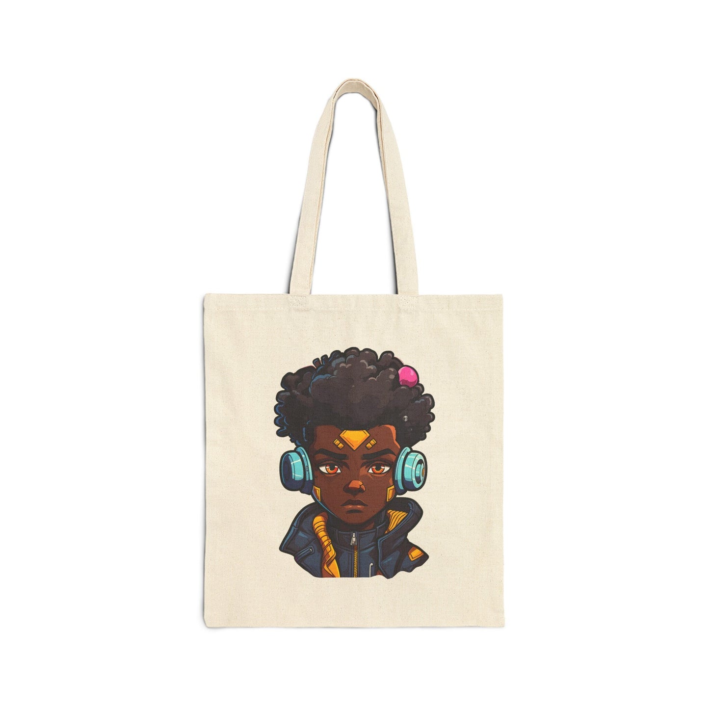 Kawaii Anime Style African American Young Man Boy with Headphones Black Student Cotton Canvas Tote Bag