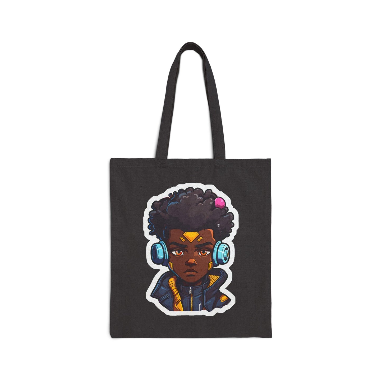 Kawaii Anime Style African American Young Man Boy with Headphones Black Student Cotton Canvas Tote Bag