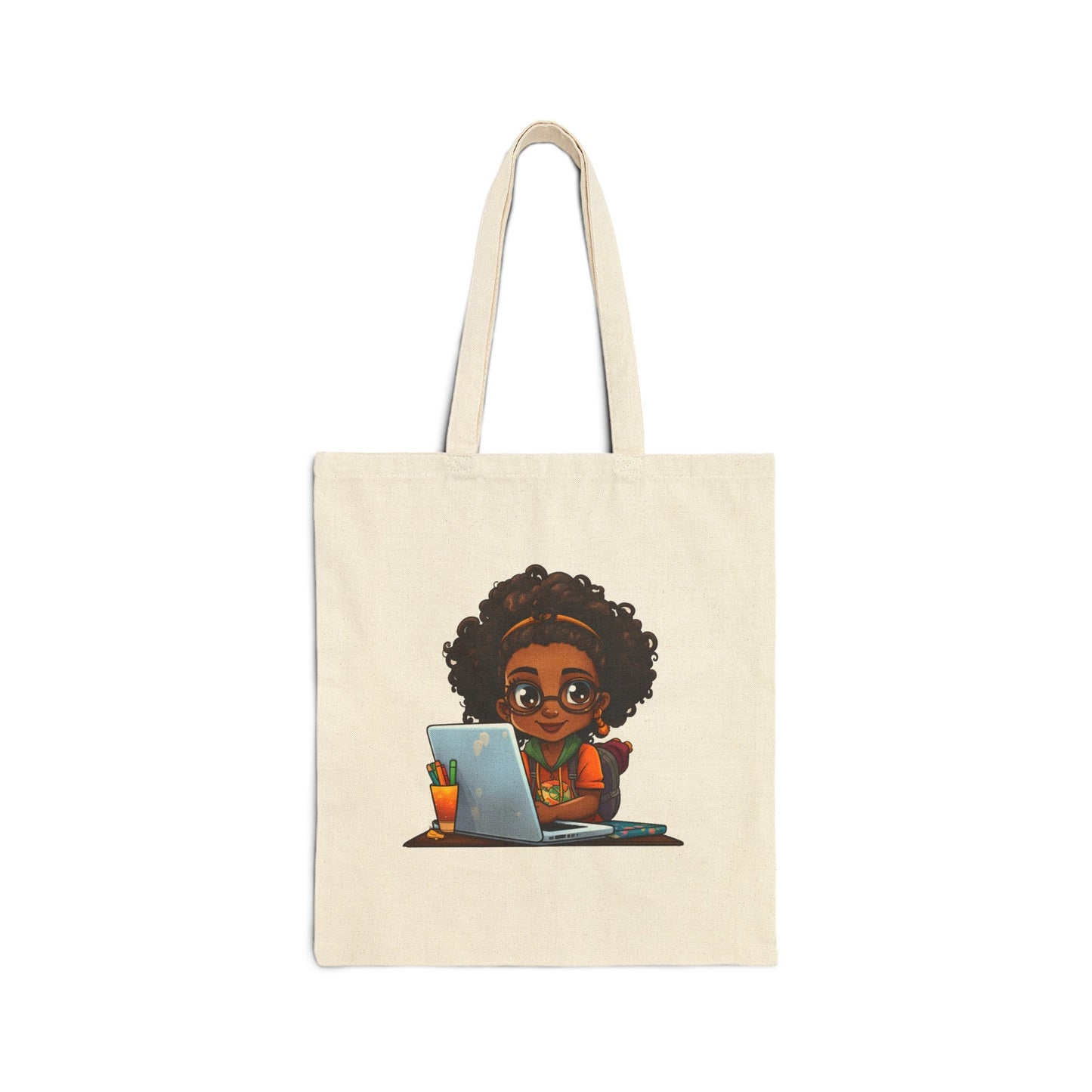 Chibi Style African American Girl Black Student Female Student at Her Desk with Her Laptop Cotton Canvas Tote Bag