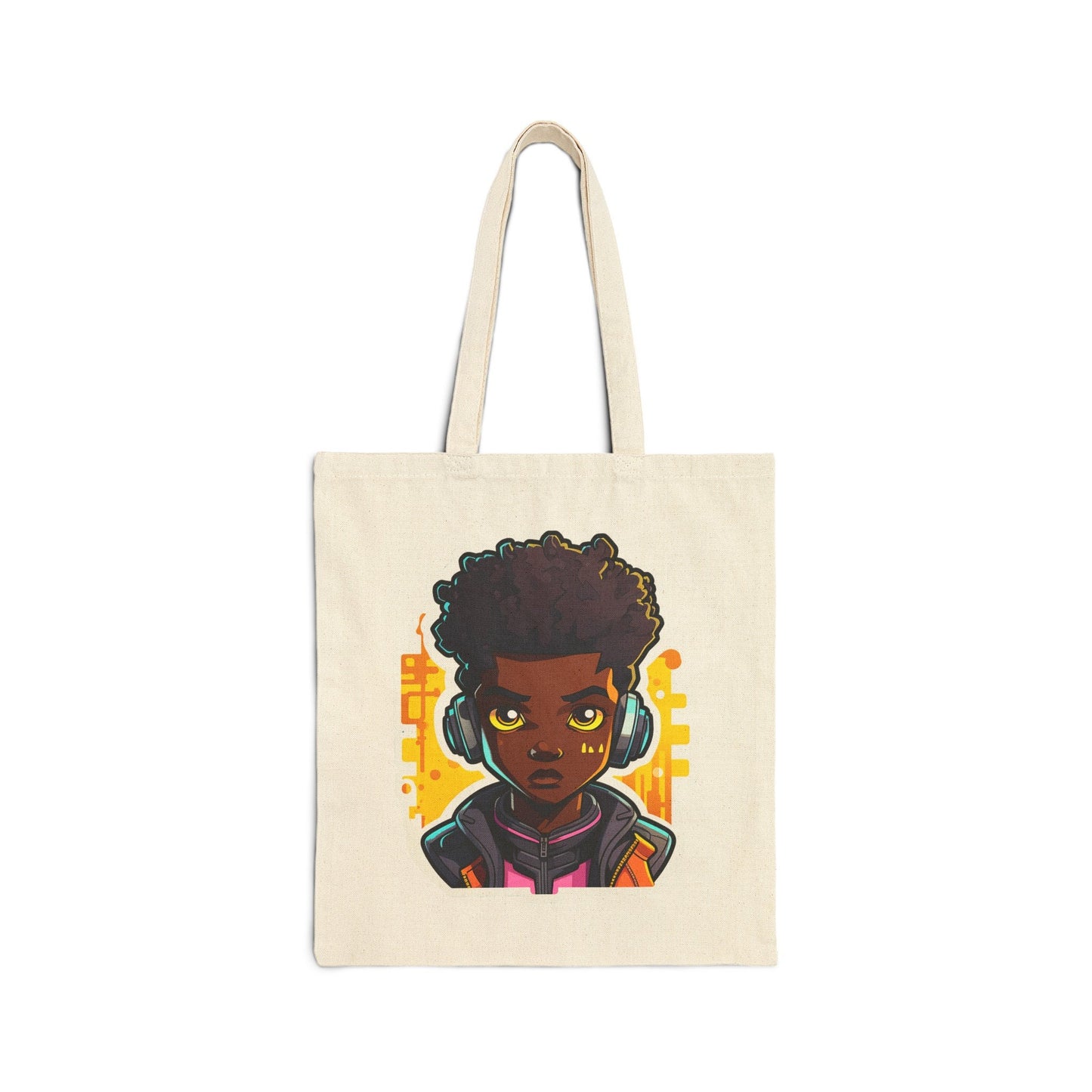 Kawaii Anime Style African American (Black) Young Man (Boy) in Yellow or Golden Background Cotton Canvas Tote Bag