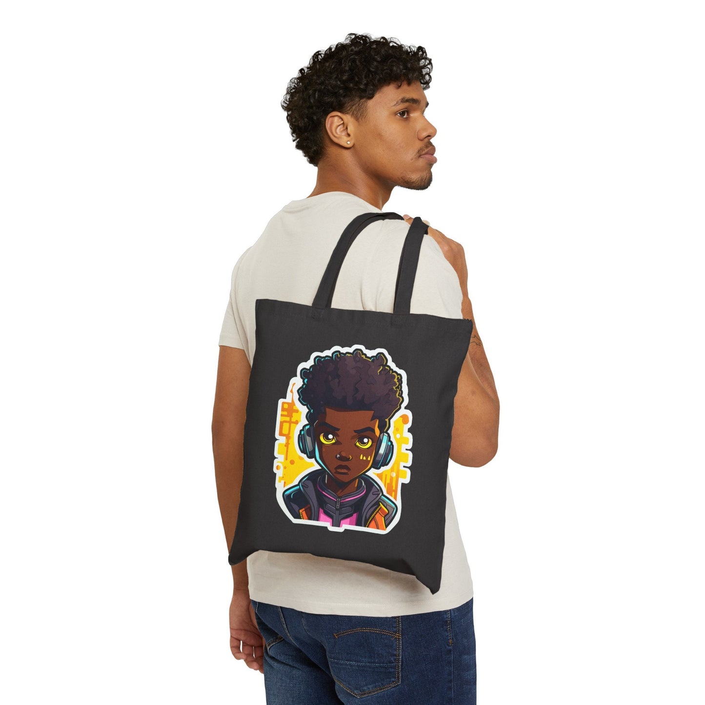 Kawaii Anime Style African American (Black) Young Man (Boy) in Yellow or Golden Background Cotton Canvas Tote Bag